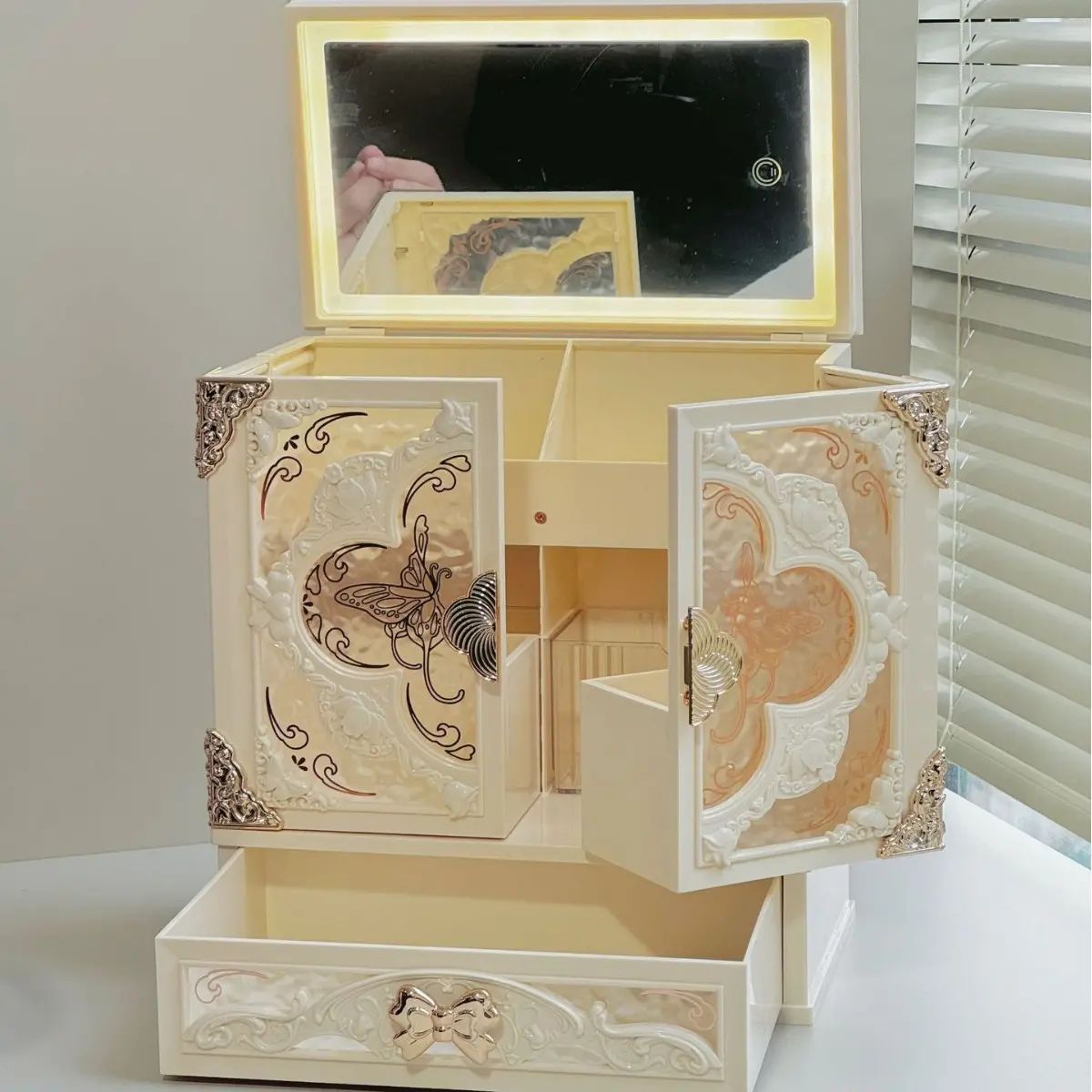 Luxury Butterfly Embossed Dual Door Makeup Organizer, LED Mirror, Acrylic Jewelry Box, Floral Design, Perfect Gift for Women