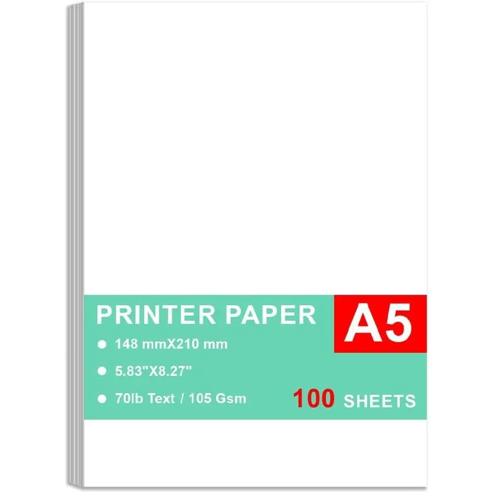 Premium Bright White 105gsm Fixed Size A5 Printer Paper, 100 Sheets, 5.83"x8.27" (148x210mm) for Copy, Printing, Writing, Office Use