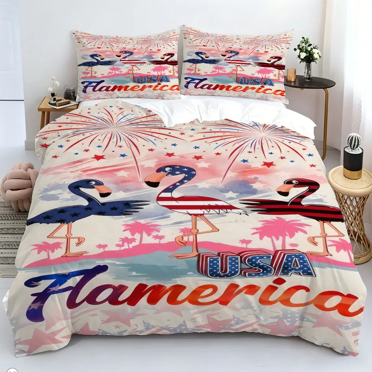 Flag Flamingo Pattern Duvet Cover Set, 2/3Pcs Patriotic Bedding Set, Soft Microfiber Fabric, Machine Washable Tropical Bedroom Decor, Ideal Gift for Patriots. 1 or 2 Pillowcase, No Filling