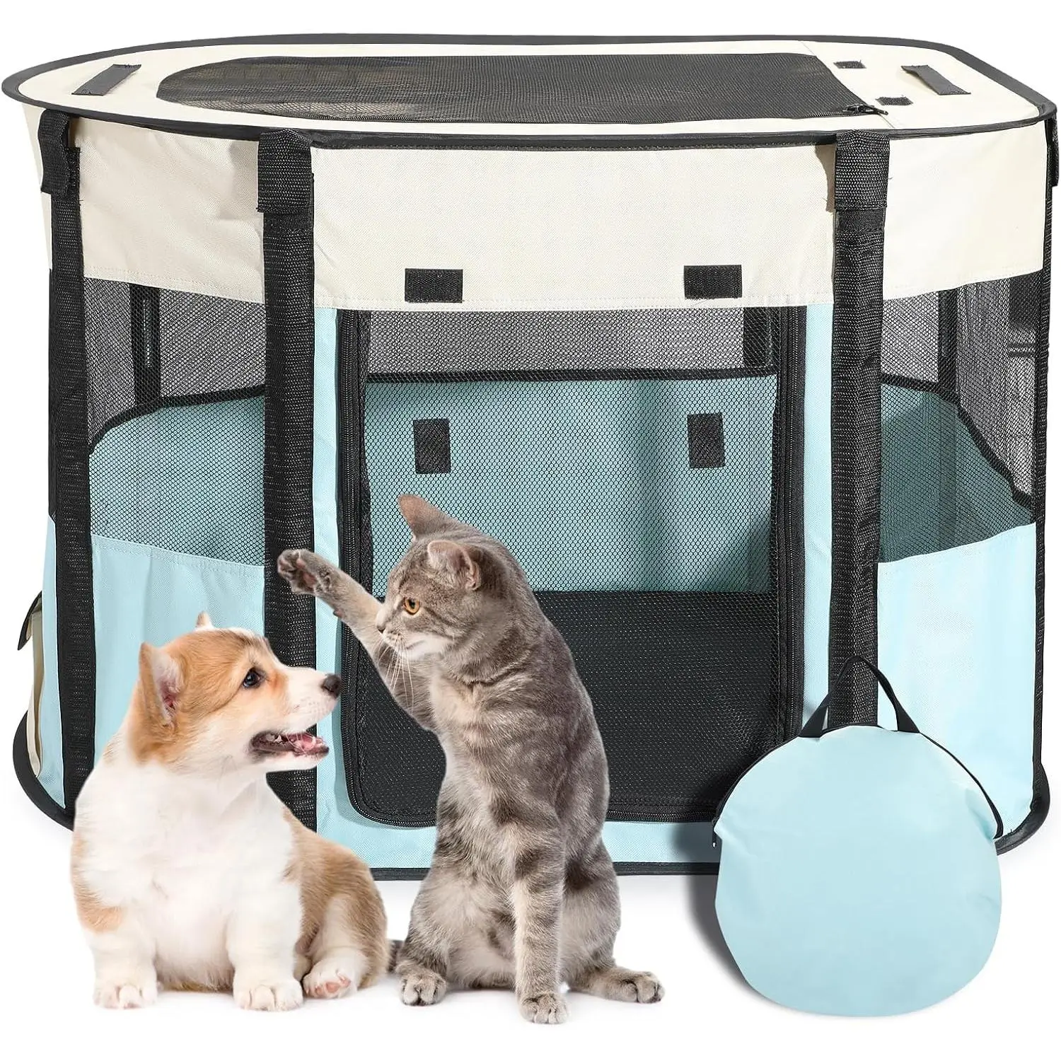 Portable  Playpen, Foldable  Tent with Carry Bag, 32 x 24 x 22 in | 360° Mesh Ventilation, 600D Oxford Fabric, Top Zip Access, 4 Tent Pegs, Indoor Outdoor Use