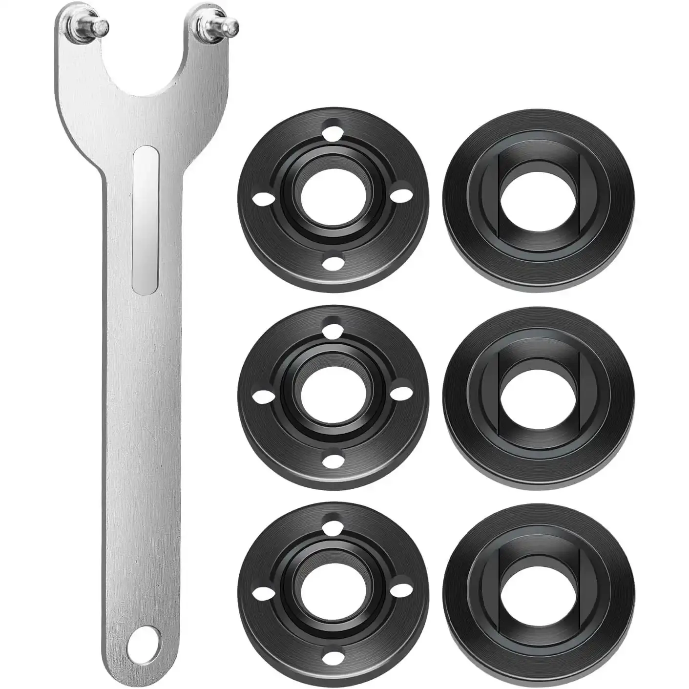 7PCS Carbon Steel Angle Grinder Nut & Wrench Complete Value Pack - 5/8"-11 Thread Flange Metal Lock Nut, Compatible with Dewalt, Milwaukee, Makita, Bosch, Ryobi, Black Decker, Fits 4.5"/5" Grinder Replacement Parts, Wrench+6 Nuts
