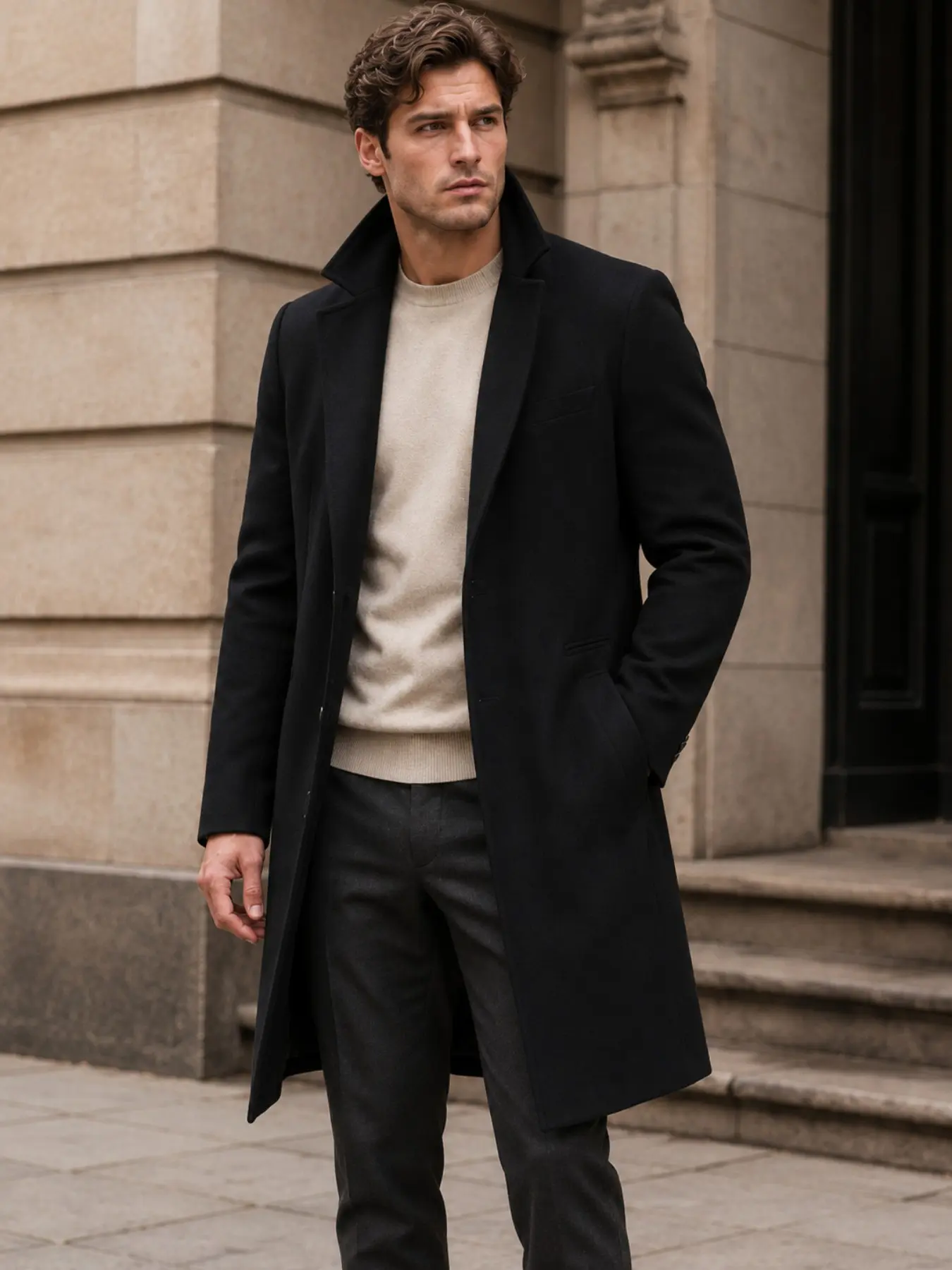 Men's Medium-Length Solid Color Woolen Coat, Warm Winter Outerwear, Unlined Shirt Style, Perfect for Fall & Winter Seasons