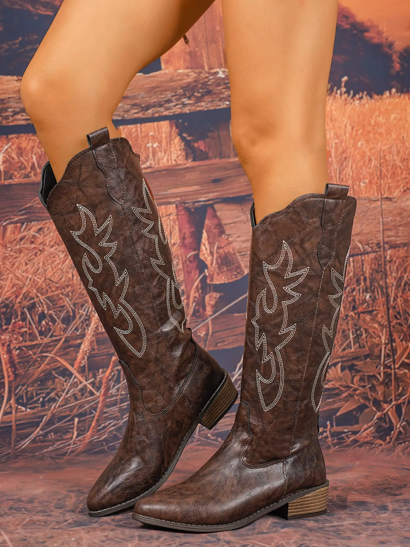 American Vintage Floral Embroidered Western Cowboy Boots, Pointed Toe Thick Heel Mid-Calf Boots, Soft Sole Anti-Slip Outdoor Shoes, Cowgirl Boot, Western Style Boot