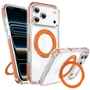 Crystal Shield High Transparent Magnetic Protective Case, Vibrant Color Strip Pattern with 360 °     Rotatable Gear Kickstand, Anti-Yellow Shockproof MagSafe Wireless Charging Compatible Phone Accessory for iPhone 17, iPhone 16, iPhone 15