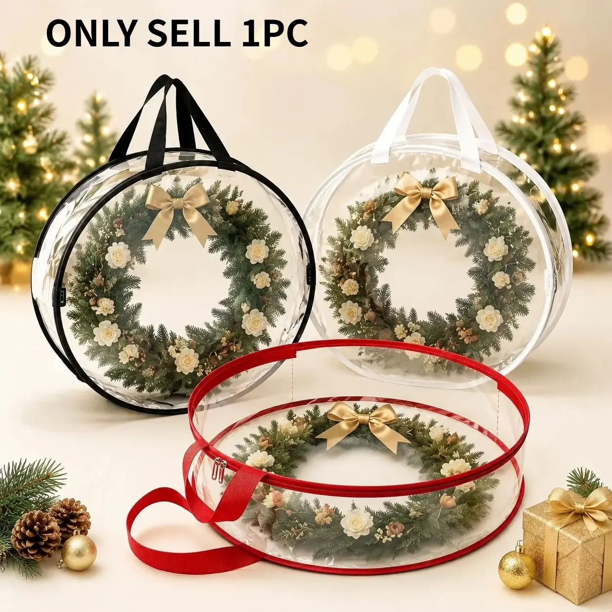 Transparent PVC Christmas Wreath Storage Bag, Foldable Round Holiday Wreath Storage Container, Waterproof Dust‑Proof Storage Bag with Double Zippers & Handles, Fits Up to 30 Inch Christmas Wreath Decorations