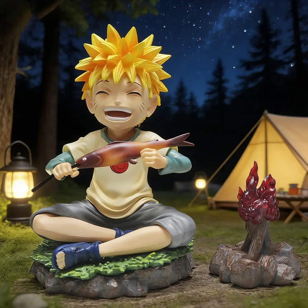 Childhood Naruto Grilled Fish Collectible PVC Figure 15cm, Detachable Campfire Grass Base, Desktop PC Case Decor, Anime Character Statue, Anime Gift