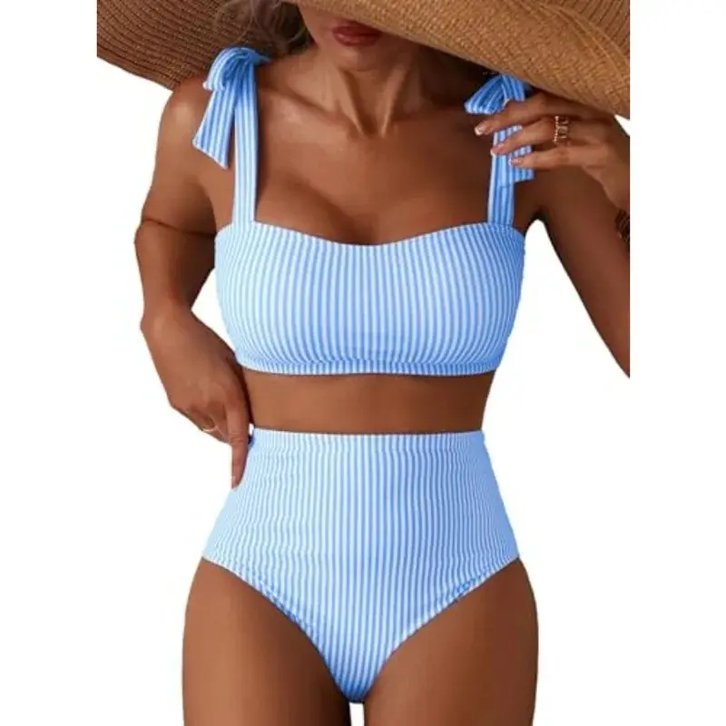 Herseas Women's 2-Piece Tankini Swimsuits, Tie Shoulder Striped Print High-Waisted Beach Wear, Women's Bathing Suit Set, Women's Swimsuits