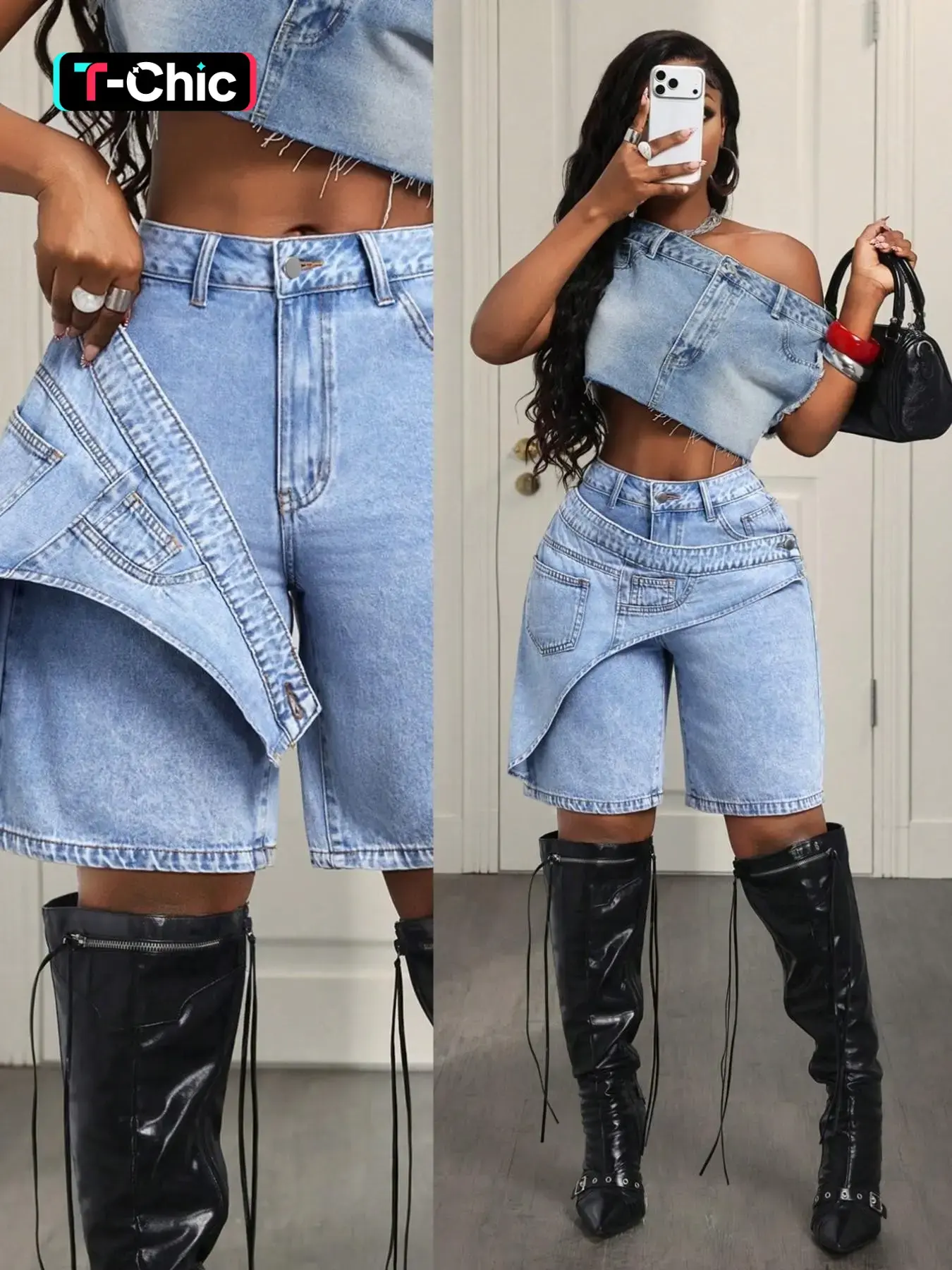 Women's Casual Denim Shorts, Button Fly Shorts, Denim Jean Shorts, Cross-Waist Design, Trendy Summer Fashion, Perfect for Parties and Daily Wear, Comfortable and Stylish, Everyday Denim Shorts, Jeans Shorts