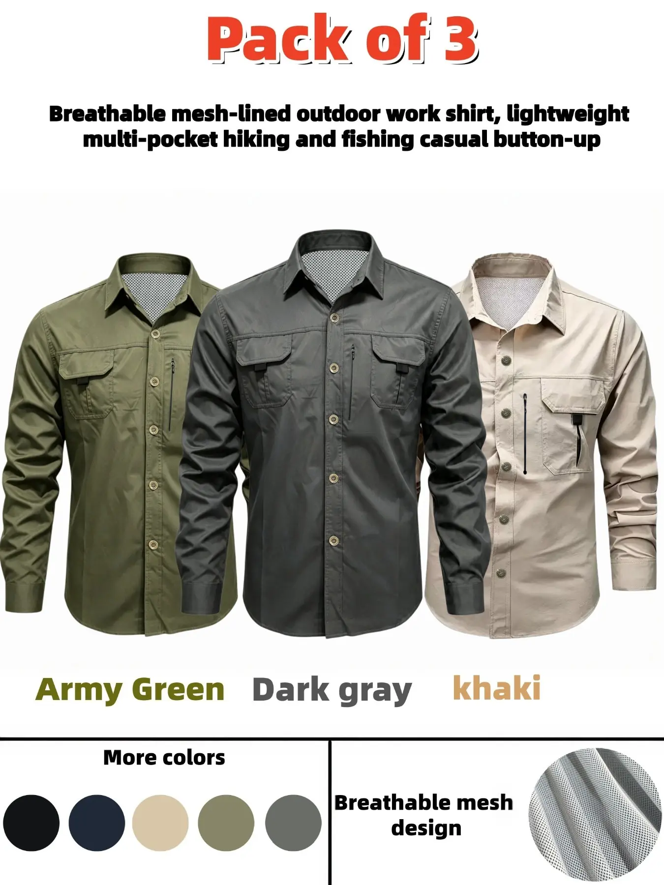 3 Pack Men Hiking Shirts with Mesh Lining and Multi Pockets, Breathable Back Vent Work Shirts, Lightweight Outdoor Camping and Fishing Shirts for Men, Quick Dry Sun Protection Tactical Long Sleeve Cargo Outdoor Casual