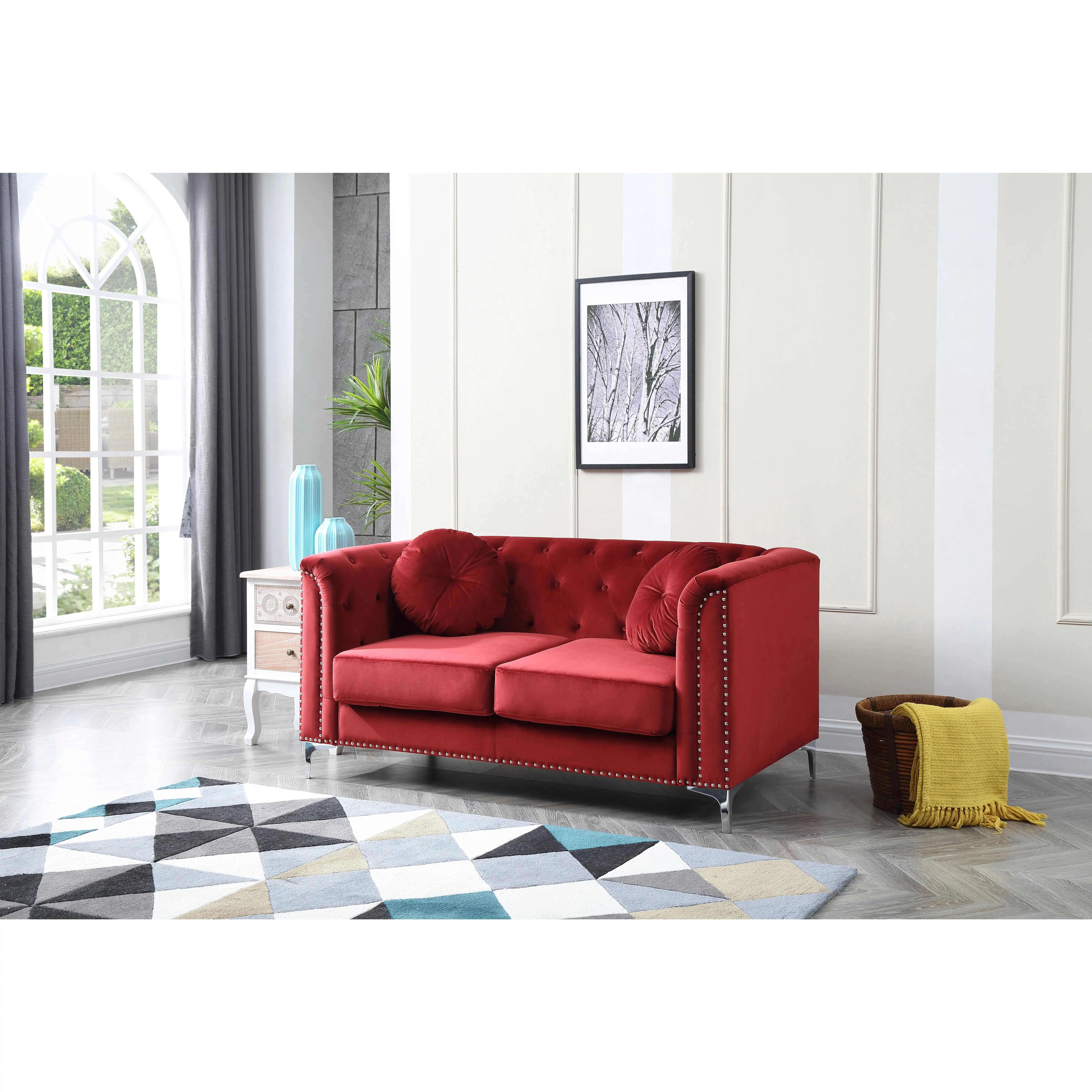 Nokaa Chic Sloped Arm Loveseat Couch for Living Room, Burgundy Velvet 2-Seater Sofa with Sloped Arms, Compact Indoor Furniture for Apartment, Home Theater, Office Waiting Area, Cozy Accent Seating