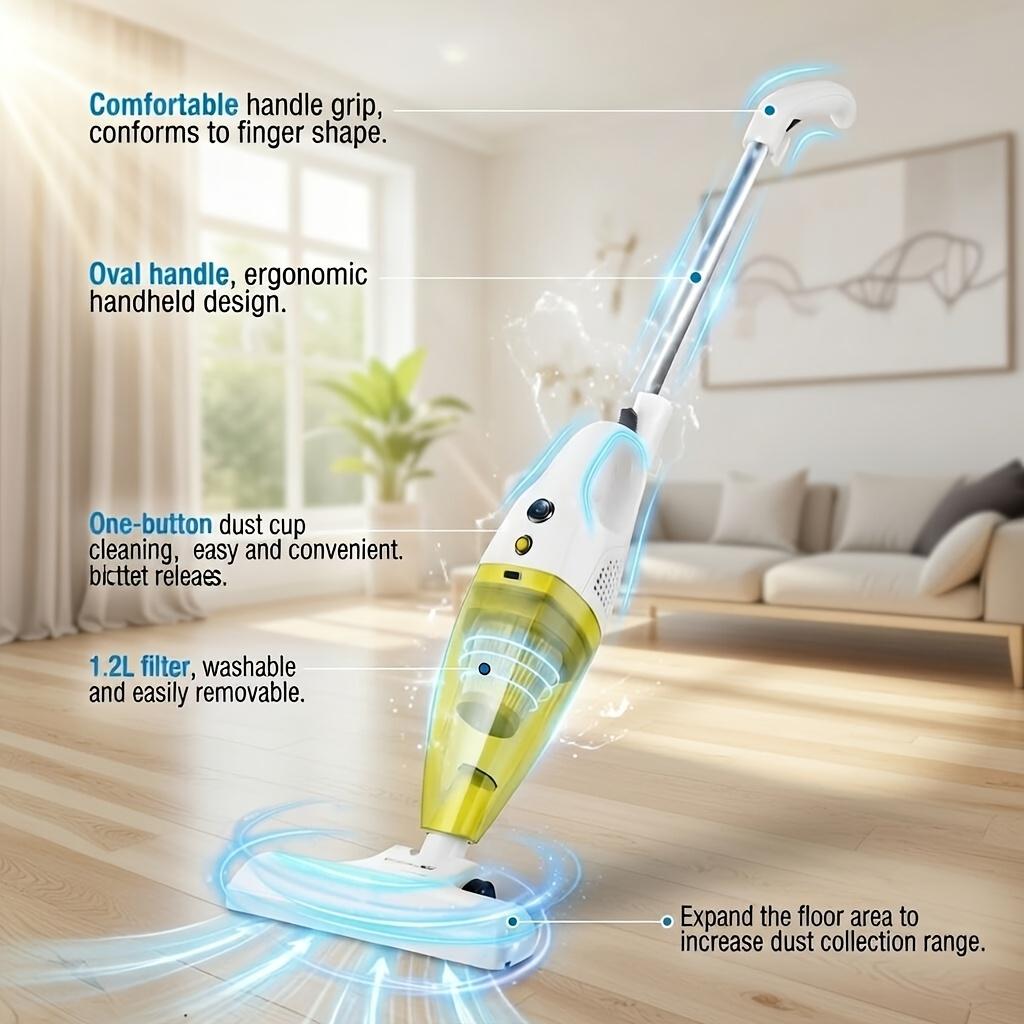 500W Corded Stick Vacuum Cleaner with 10 Accessories, 15KPa Powerful Suction, 2-in-1 Lightweight Handheld Vacuum Cleaner, Equipped with HEPA Filter, Silent Portable Dust Remover, Suitable for Hard Floors, Carpets, Pet Hair, Sofas, and Dormitories, Yellow