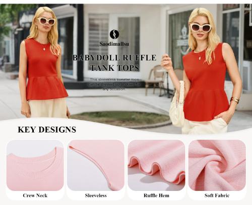 Saodimallsu Womens Sleeveless Babydoll Tank Tops Peplum Ruffle Crew Neck Ribbed Knit Summer Trendy Sweater Vest