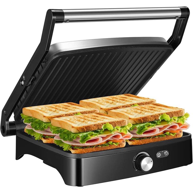 Panini Press Grill Indoor Sandwich Maker with Temperature Setting, 4 Slice Large Non-stick Versatile Grill, 180 Degrees to Fit Any Type or Size of Food, Removable Drip Tray, 1200 W Household Appliances grill for outdoor Universal Griddle