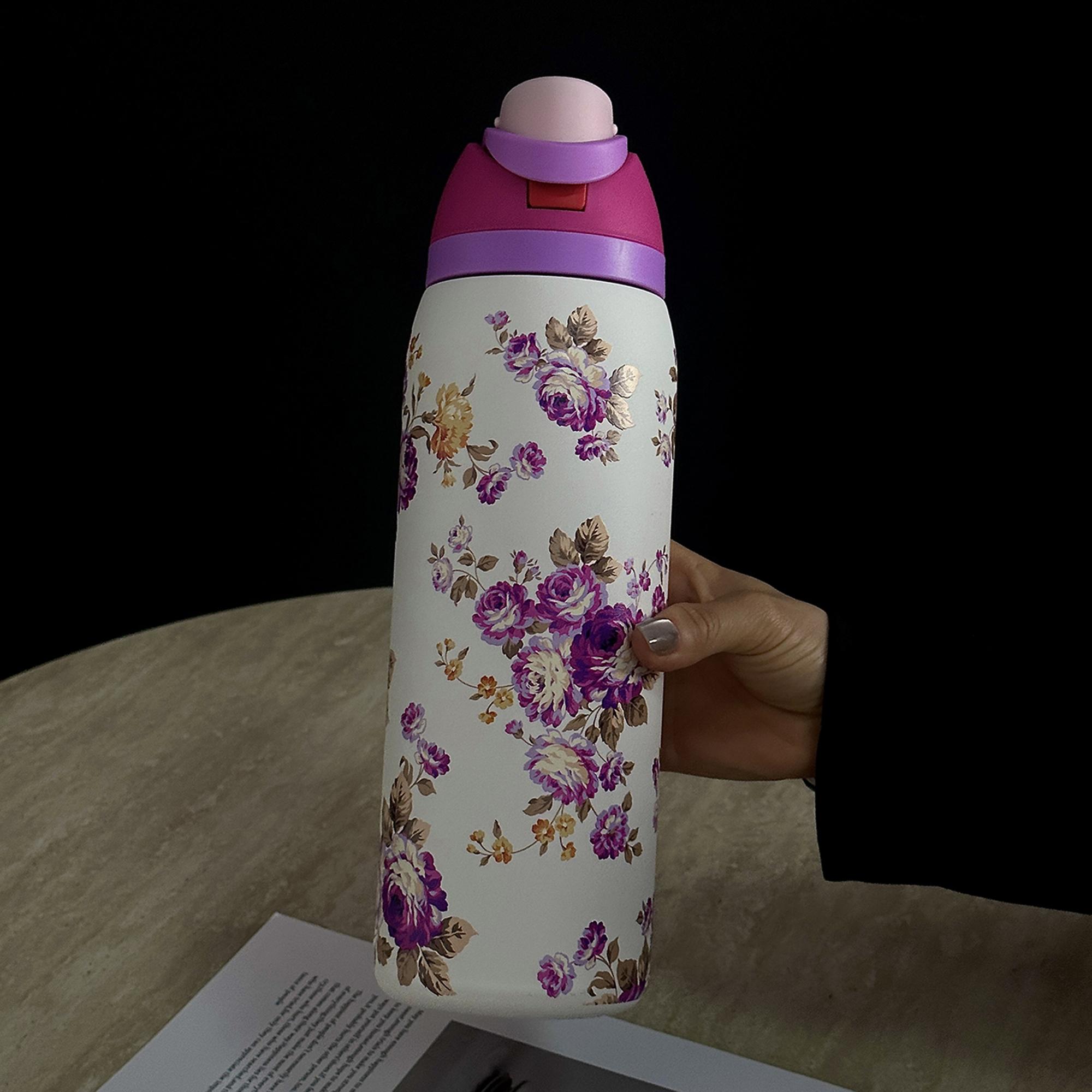 Floral Pattern Vacuum Flask, 1 Count 24oz/32oz/40oz Stainless Steel Insulated Water Bottle with Straw, Drinking Cup for Home Office School Outdoor, Drinkware Thermo Tumbler, Tumbler with Lid