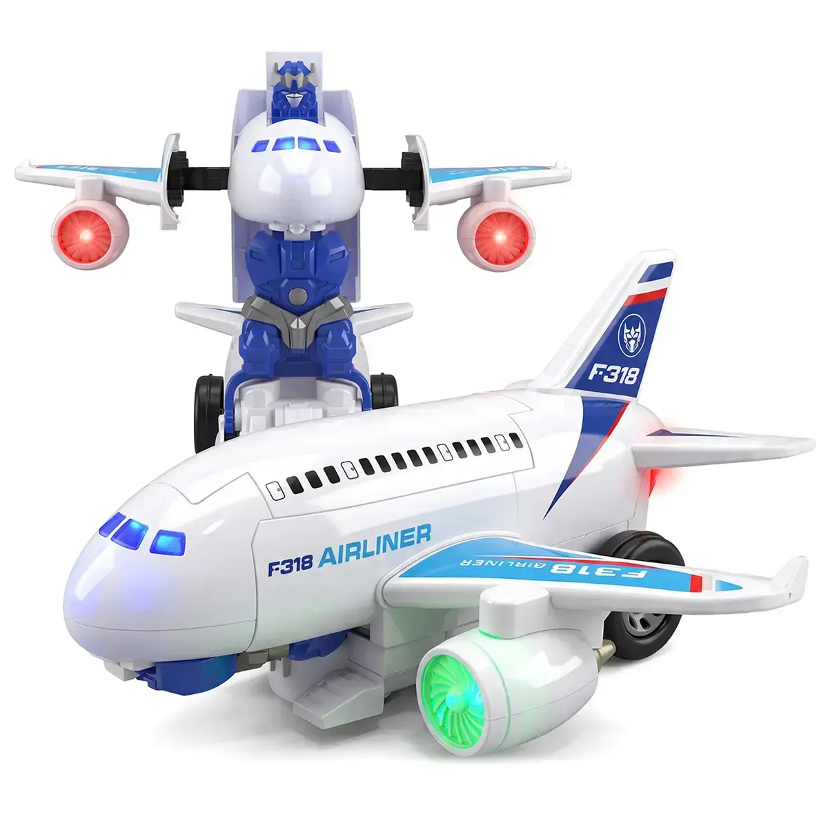 JJ Toys_us Friction-Powered Electric F318 Jet Toy Plane - F318 Decals, Flashing LED Lights, Sounds, Music-Synced Effects, Auto Mode, Automatic Cycling, 24x23x13 cm, Transportation-Themed Pretend Play Kids Toys for 3-8 Yrs Toddlers Unisex Gift
