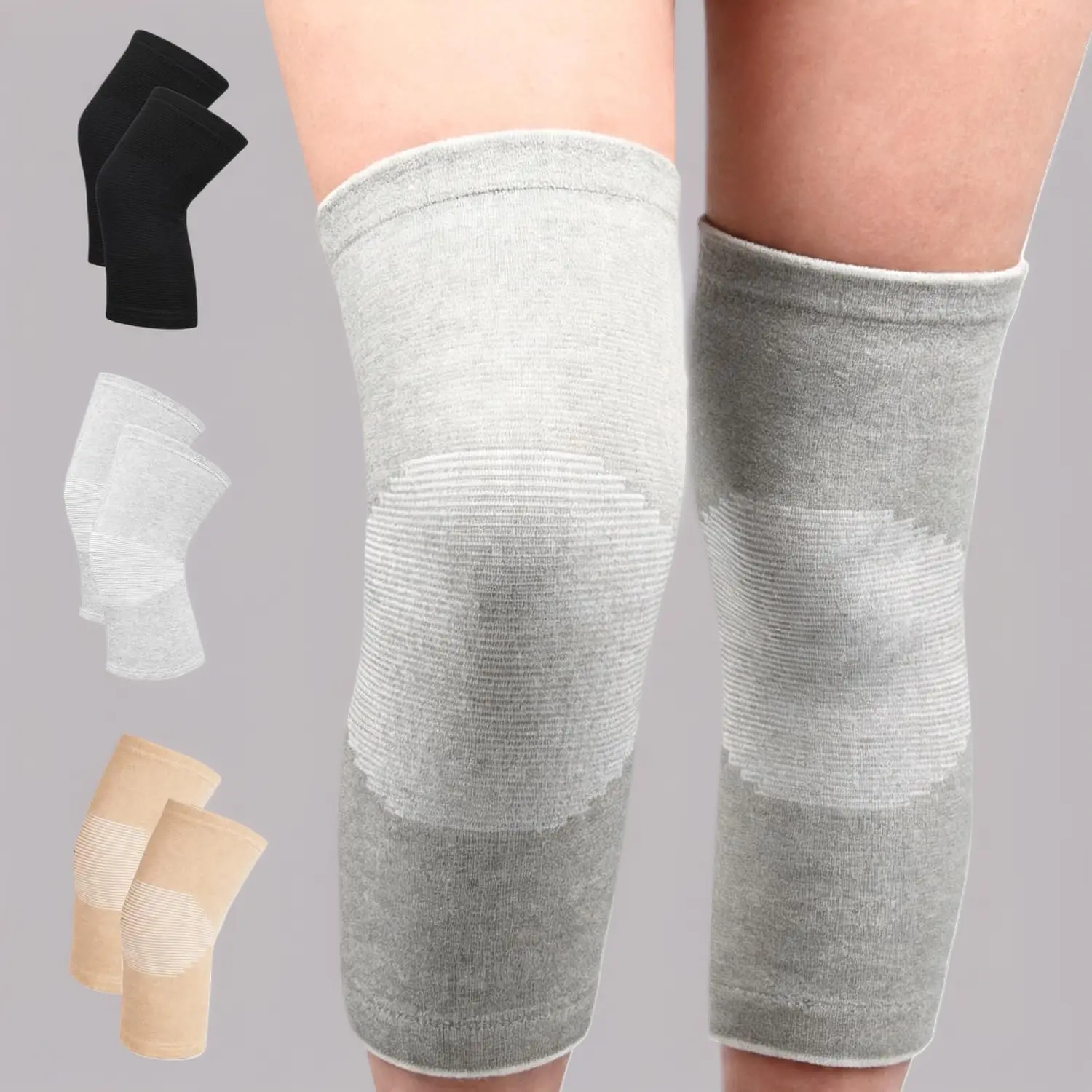 Bamboo Knee Compression Sleeve - 1 Pair Stretchable Elastic Slip-On Brace, Compression Leg Knee Protector, Warm Joint Recovery Support, Gray, Medium