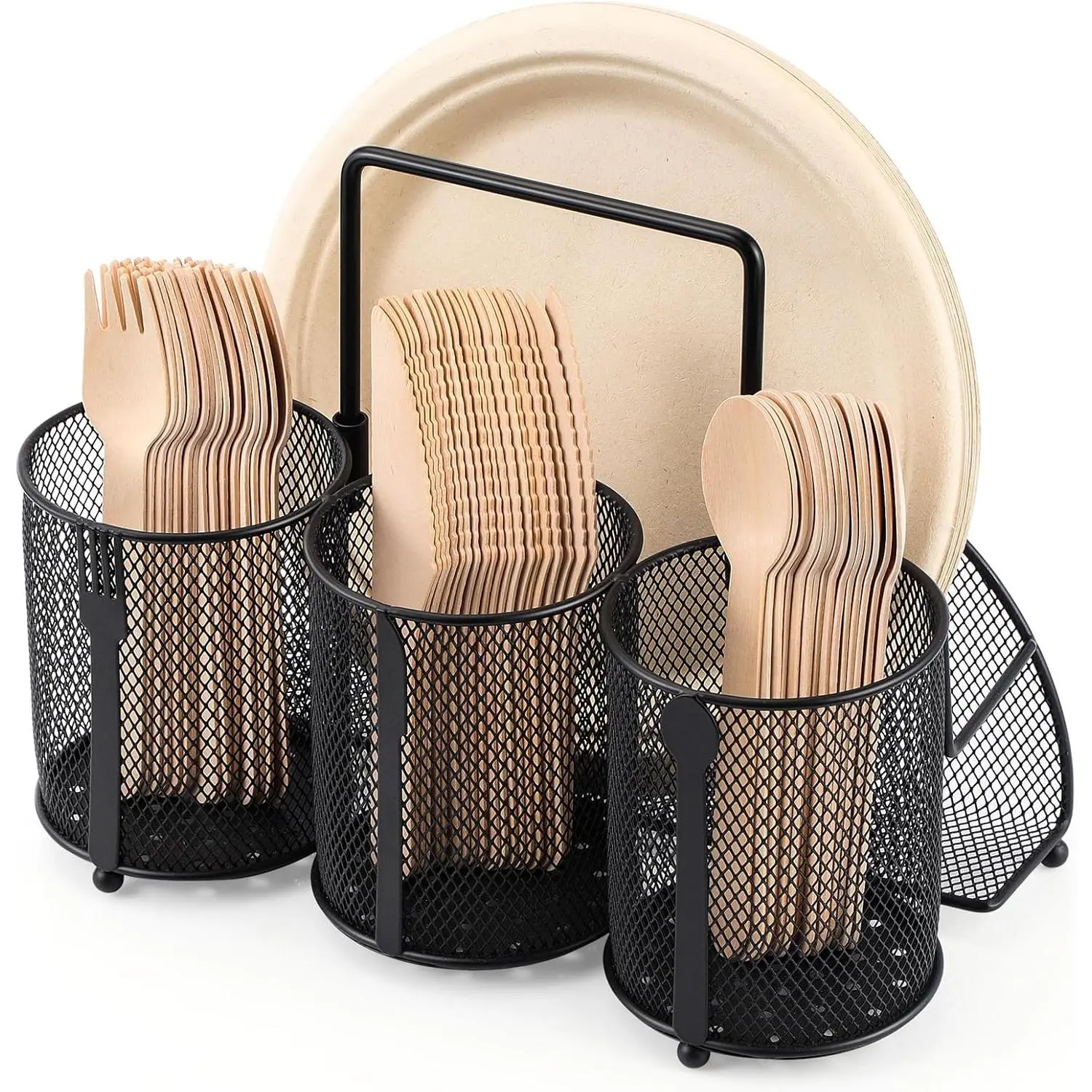 Utensil Caddy Silverware Holder for Party, Metal Mesh Cutlery Storage Organizer for Forks Spoons Napkins Plates, Perfect for Kitchen, Buffet, Picnic, Camping & Outdoor BBQ