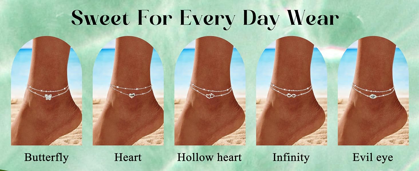 MILACOLATO Stainless Steel Ankle Bracelet for Women Teens Cute Butterfly Sequin Infinity Cross Heart Evil Eye Pendant Layered Anklets Adjustable Foot Jewelry