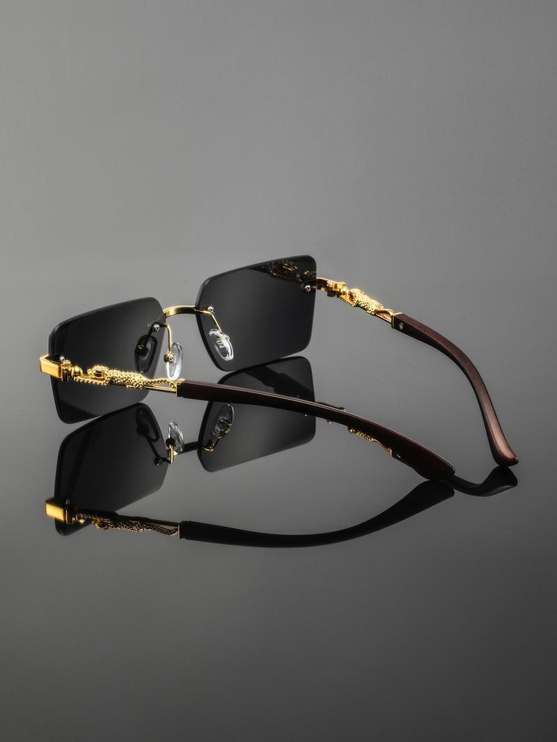 Men's Metal Square Frameless Retro Casual Glasses, High-End Elegant Versatile Design, Stylish Eyewear for Everyday Wear Classic Shades Tortoiseshell Sunglasses