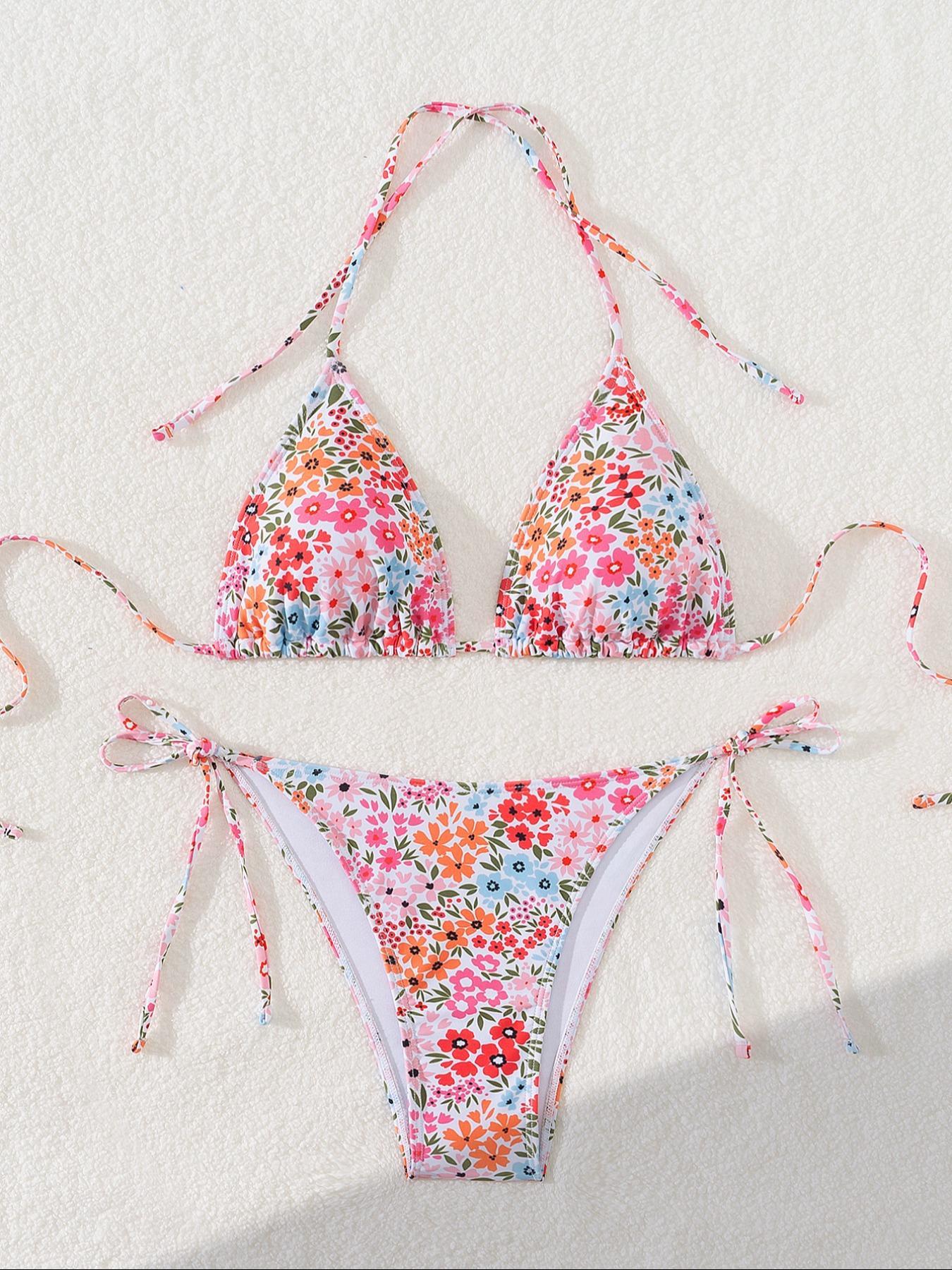 Two-piece Set Women's Sexy All Over Print Halter Neckline Bikini, Sexy Tie Back Halter Triangle Swim Top & Tie Side Swim Bottom for Summer, Bathing Suits, Colorblock Bikini, Padded Bikini Set, Bikinis Sets, Halter Bikini Swimsuit