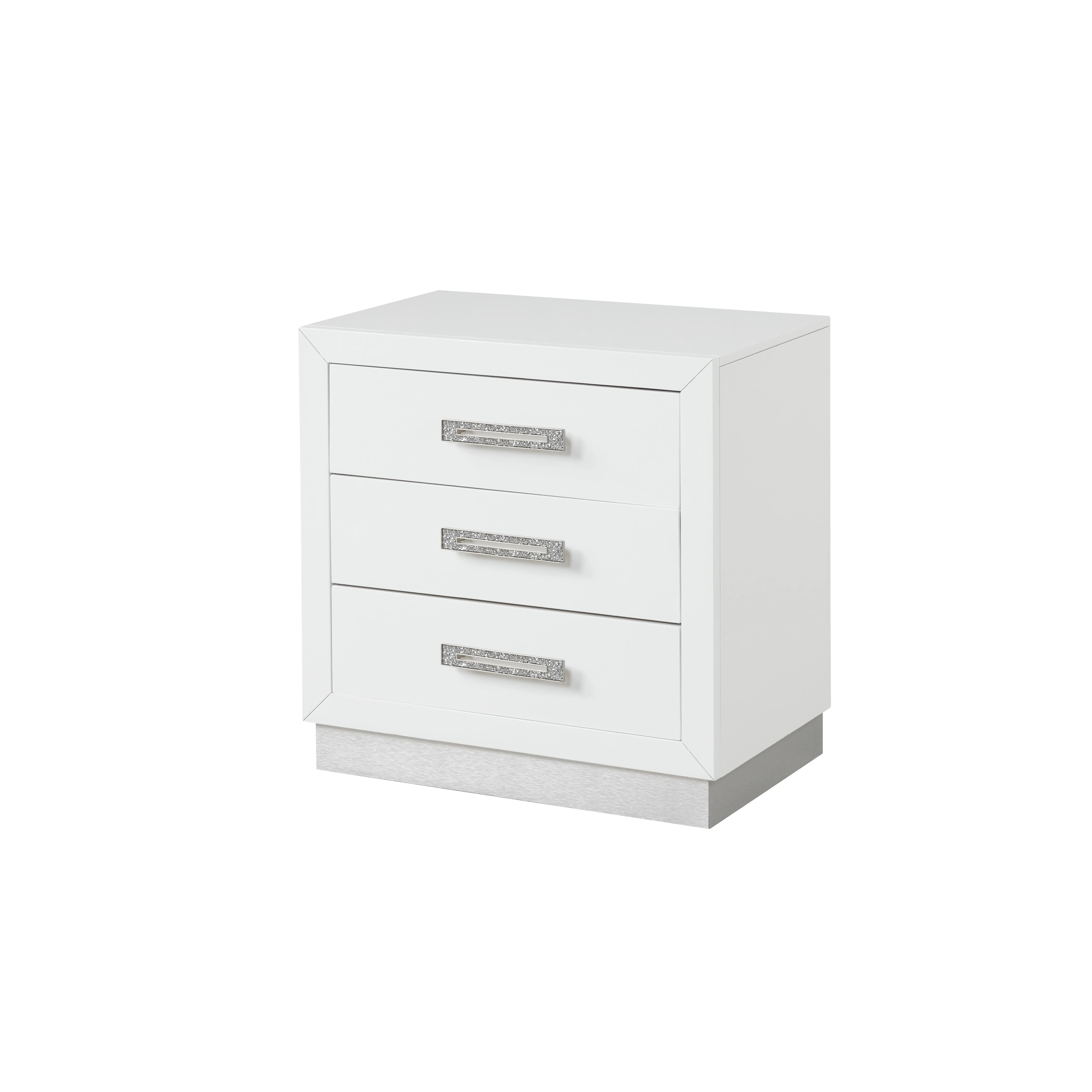 Nokaa Nightstand with 3 Drawers for Bedroom, Modern Wood Bedside Table, Milky White Finish, Rectangle Shape, Crystal Diamond Hardware, Sturdy MDF & Solid Wood Construction, Contemporary Nightstand Storage, 16.66W x 26.85D x 27H in, White Color Opt...