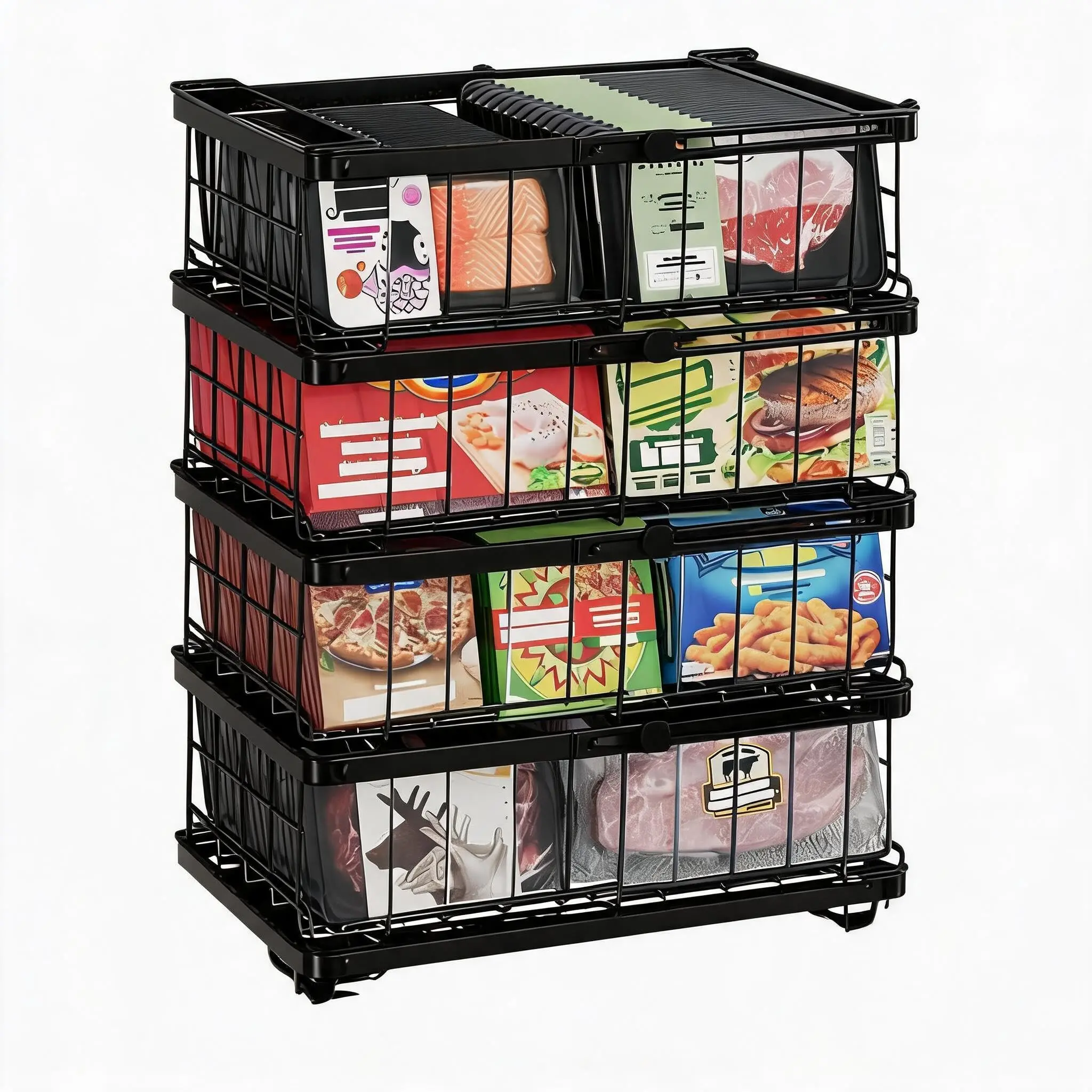 GARVEE Expandable & Stackable Chest Freezer Baskets - Heavy-Duty Metal Wire Storage Bins - Fold-Down Handles - 15KG Load Capacity - Perfect for Bulk Meat, Frozen Food, Pantry, or Chest Freezer Organization - 4-Piece Black Set
