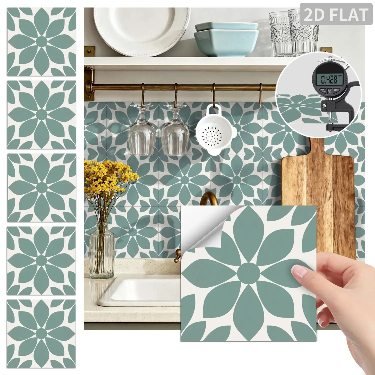 24PCS FHZ Matte PET Tile Stickers, White Base Sage Green Simple Big Flower Square Self-Adhesive Wall Decals, Waterproof Oilproof Peel & Stick Backsplash Decor For Kitchen Bathroom Smooth Surfaces Home Renovation
