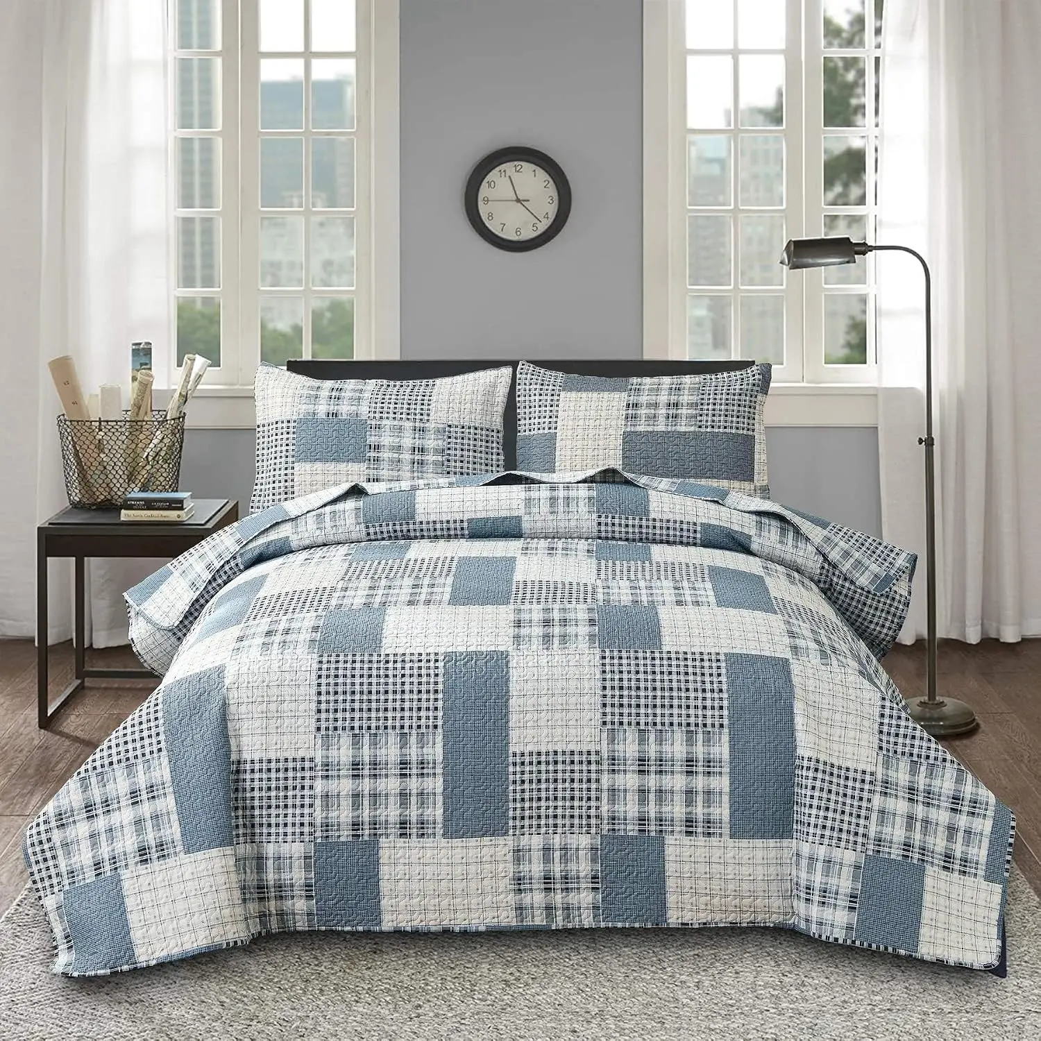 King Size Plaid Quilts Blue White Stripes Bedspread Coverlets Reversible Lightweight Patchwork Bedding Set for Boys Bedroom Decorations Blanket Throw with 2 Pillow Shams.