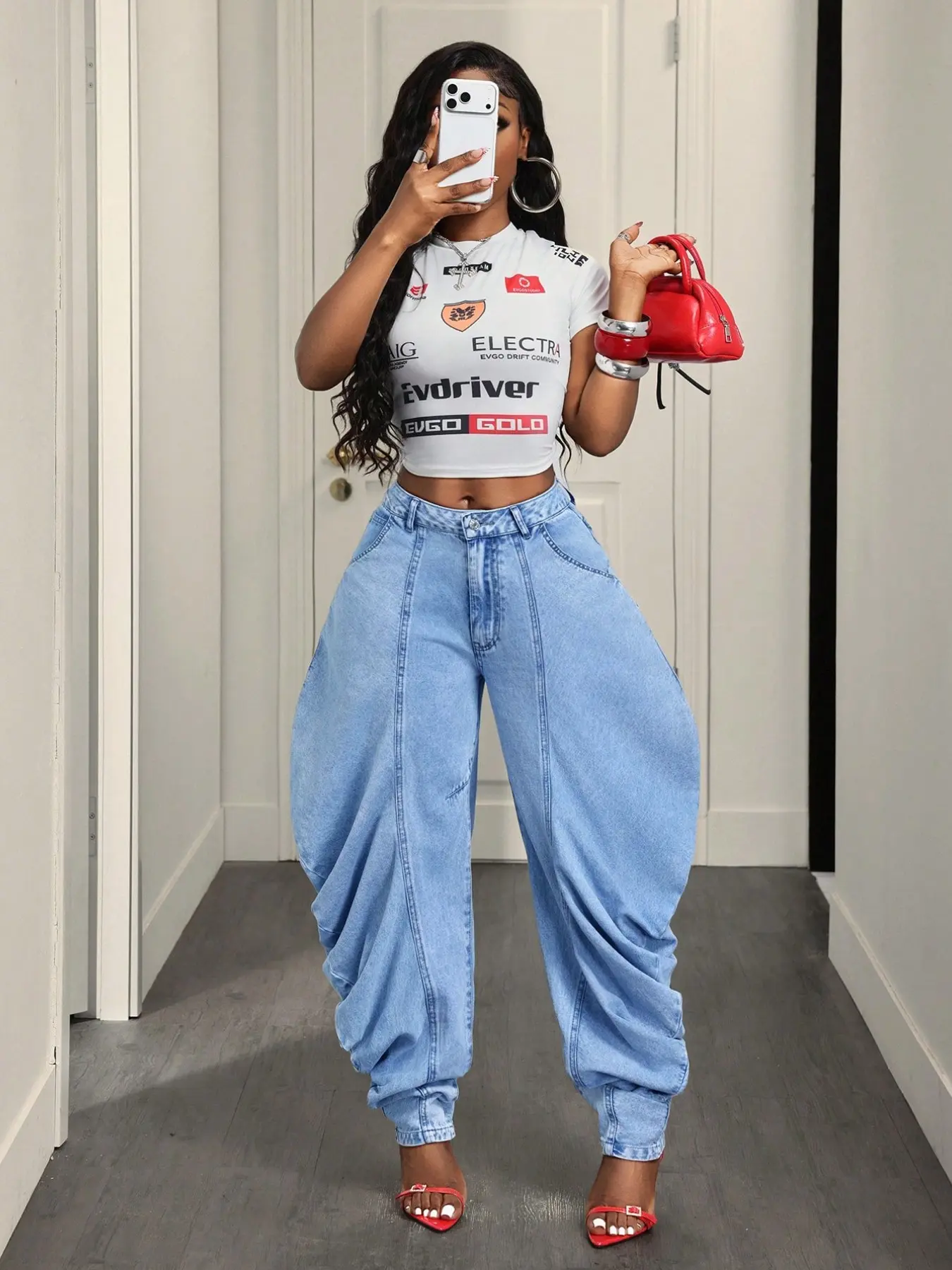 66621-Bg Arcuate Split Pleat Balloon Jeans, Casual High-Waist Loose Stacky Flowing Cuffed Skinny Jean Long Pants