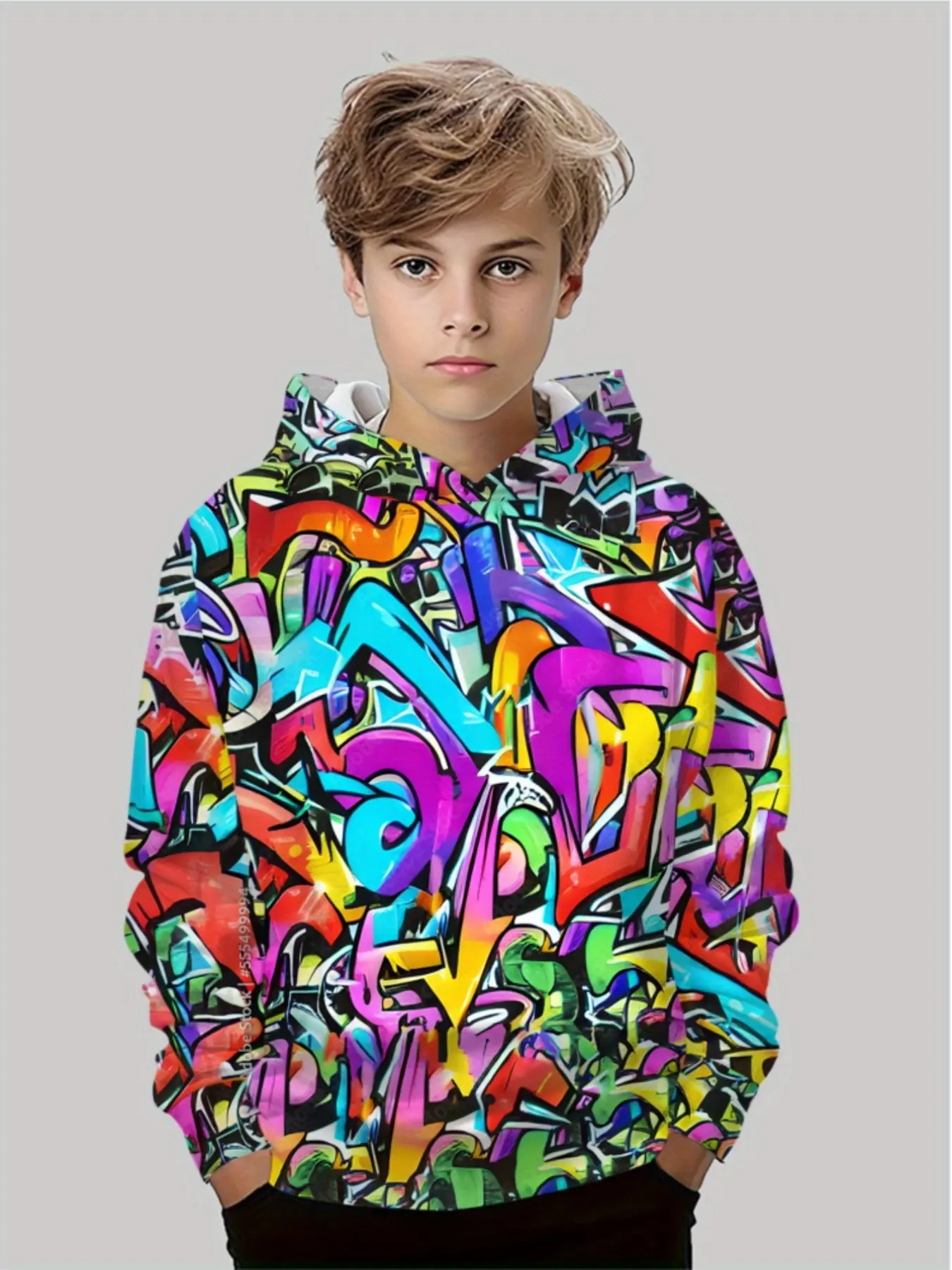 Colorful Graffiti Hoodie for Boys, Fashion Graphic Print, Casual Trendy Top, Loose Fit, Fall Season Sweatshirt, Kids' Clothing