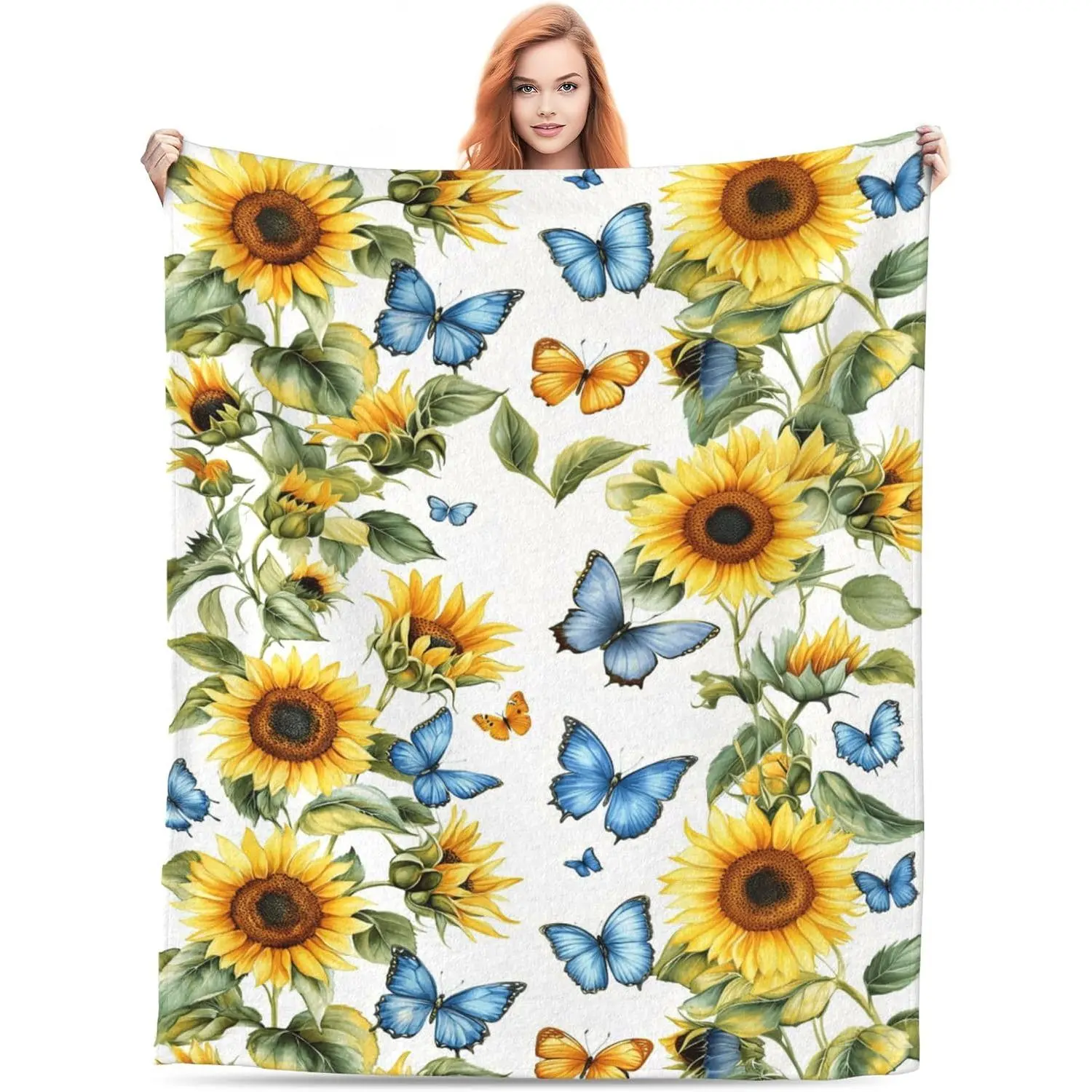 Sunflower & Blue Butterfly Single-Sided Flannel Blanket, Yellow Floral Botanical Print Soft Cozy Throw Blanket, Lightweight Fleece Blanket for Couch Bed Bedroom, Cottagecore Garden Home Decor Gift