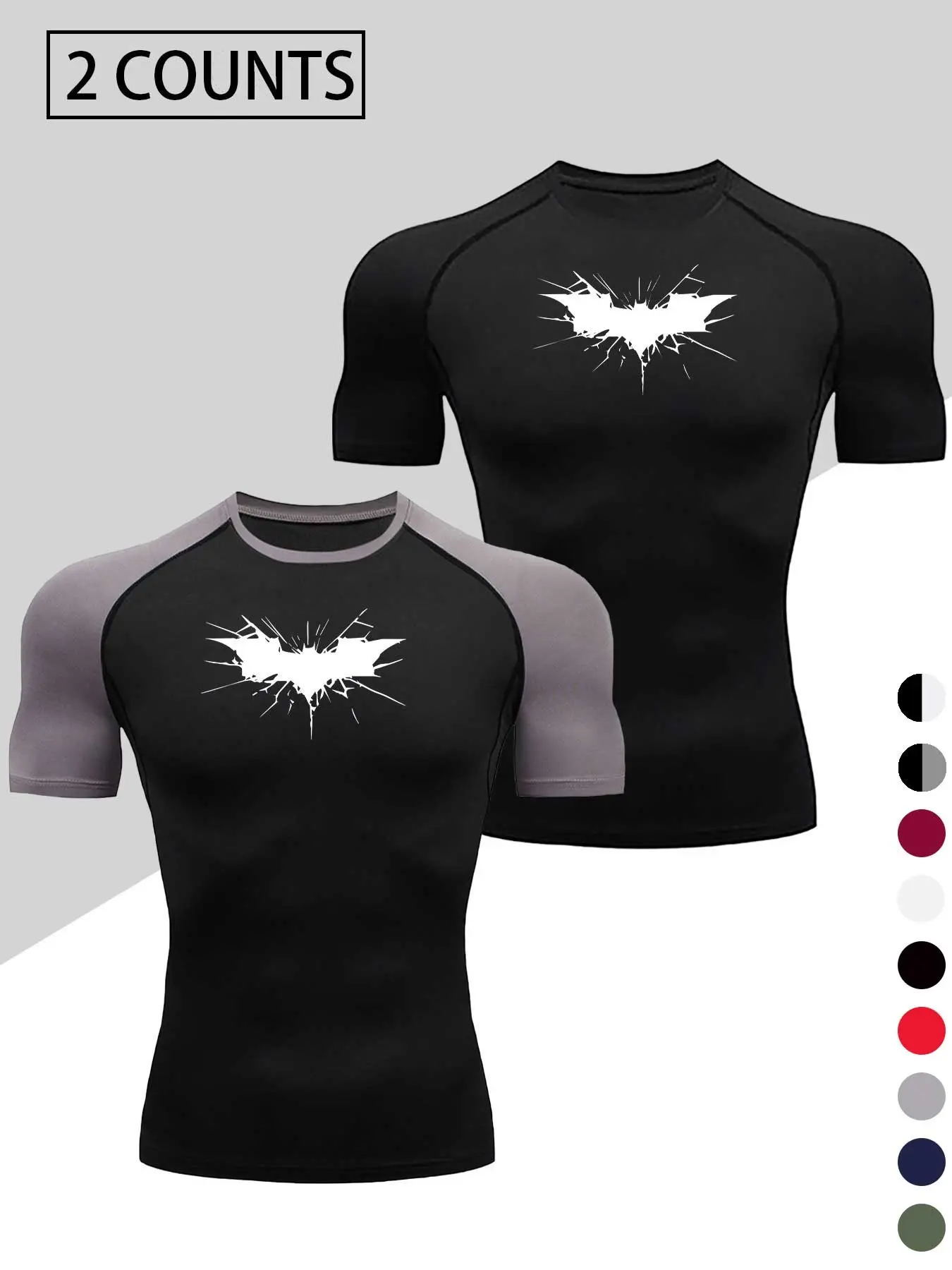 Men's two-piece short-sleeved round-neck lightweight quick-drying Dry Fit Activewear sports tight T-shirt with lightning batwing pattern, casual outdoor sports T-shirt.