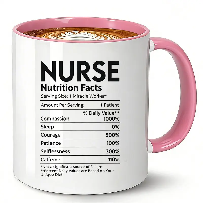 Funny Nurse Coffee Mug - "Nutrition Facts" Ceramic Tea Cup with Pink Handle. Hilarious RN Appreciation Gift for Women, Nurses, and Nursing Students. Great Birthday Gifts, Christmas Gift, or Nurse Week Present for Medical Heroes.
