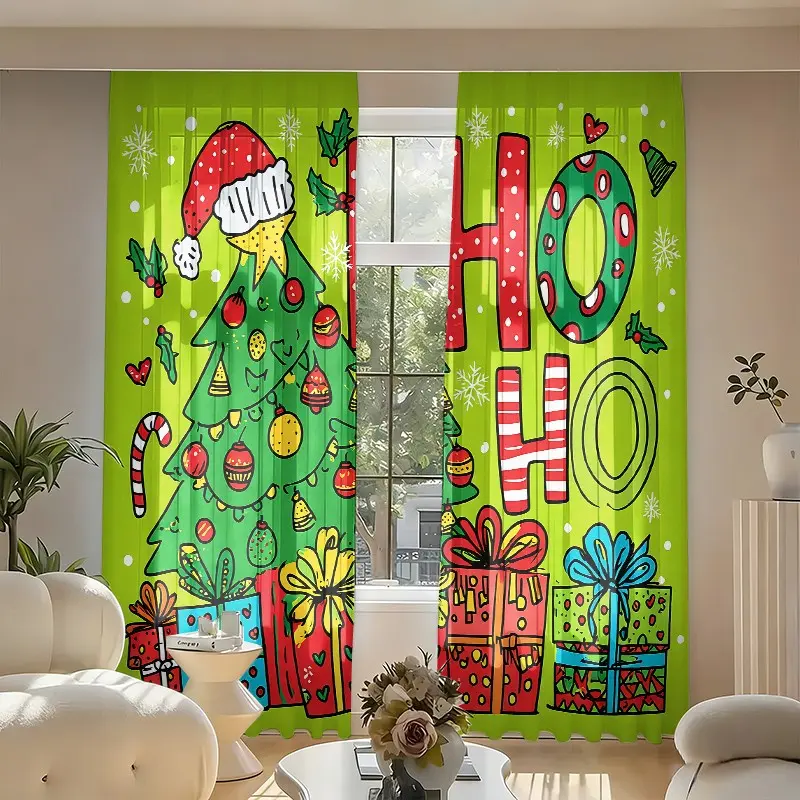 2-piece fluorescent green graffiti HOHO Christmas tree print semi-transparent curtains, pole curtains, suitable for living room, bedroom, Christmas home decoration, can be used as a gift