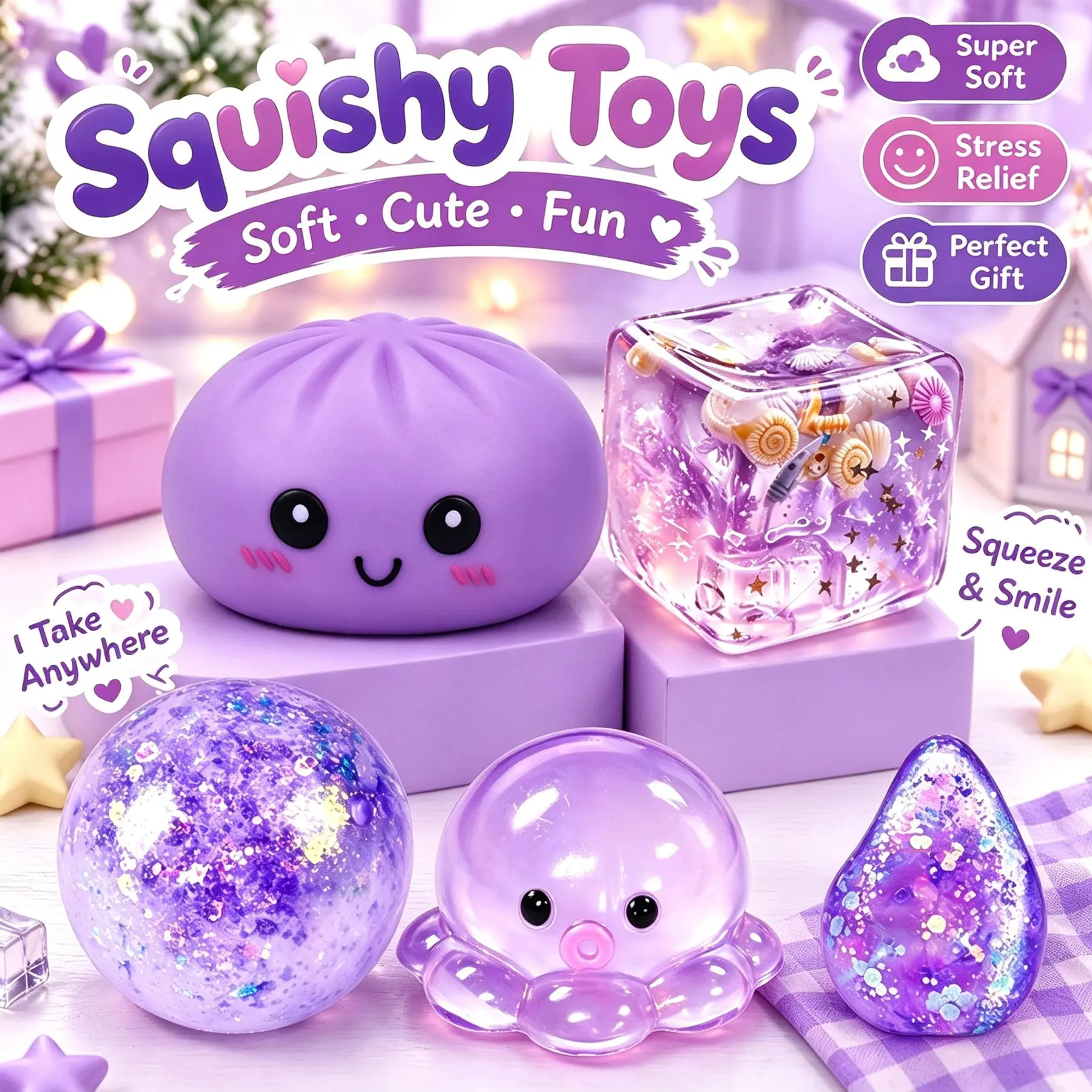 5 Pack Glitter Squeeze Stress Relief Toys, Soft Squishy Fidget Balls, Portable Sensory Toys, Ideal Gifts for Kids Adults