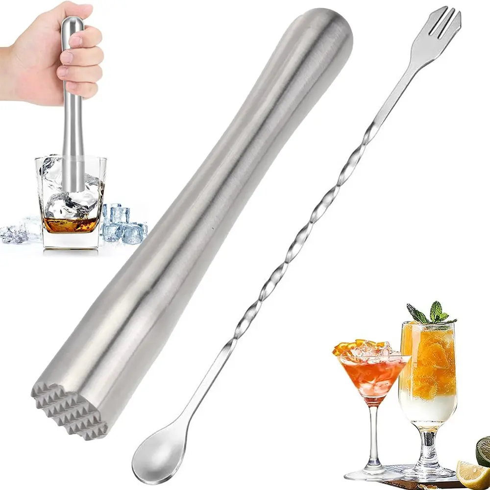8.9 Inch Stainless Steel Cocktail Muddler and 10.2 Inch Long Handle Bar Stirring Spoon Set, Home Bar Tools, Bartender Accessories