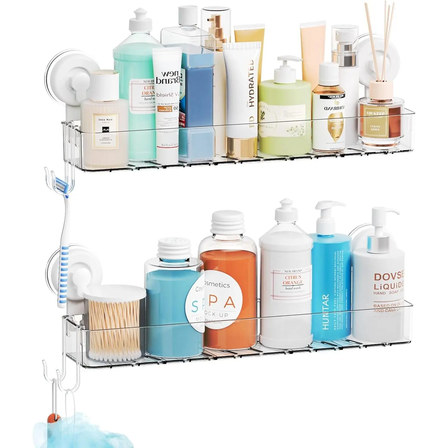 Clear 2 Pack Acrylic Shower Caddy Suction Cup,No Rust Bathroom Organizers and Storage Holder,Plastic Wall Mounted Shower Shelves,Bathtub Storage Organizer,Shampoo and Conditioner Holder for Washroom