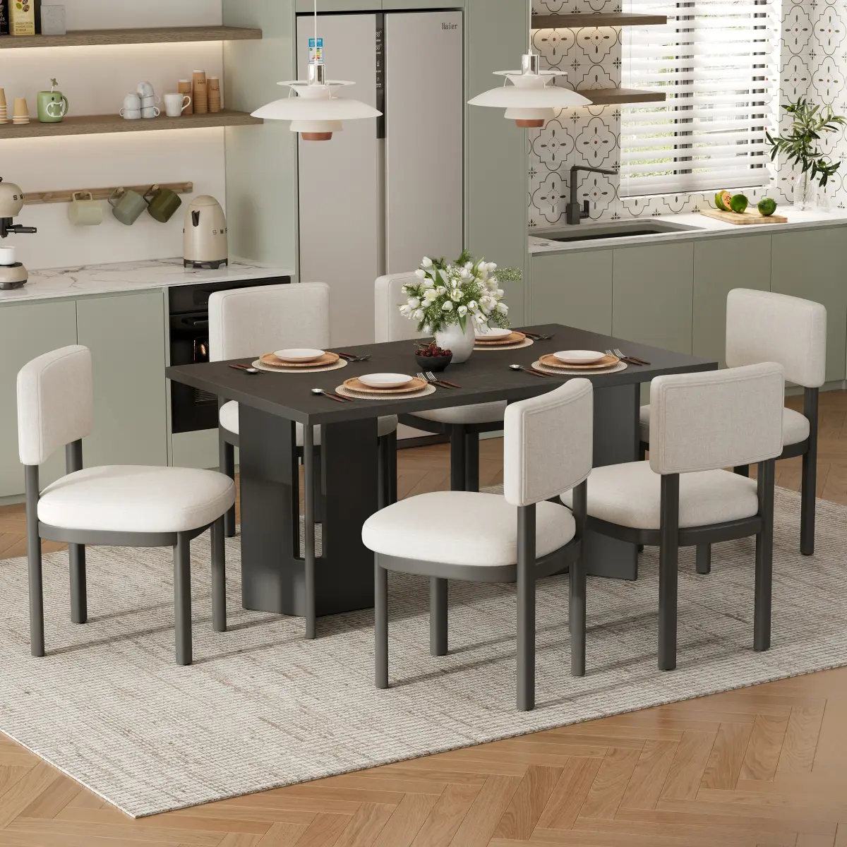 7-Piece Farmhouse Dining Table Set with 6 Ergonomic Upholstered Chairs – Solid Wood Legs, Oak Veneer Top, 250 lbs Seat Capacity, Rustic Kitchen Dining Set