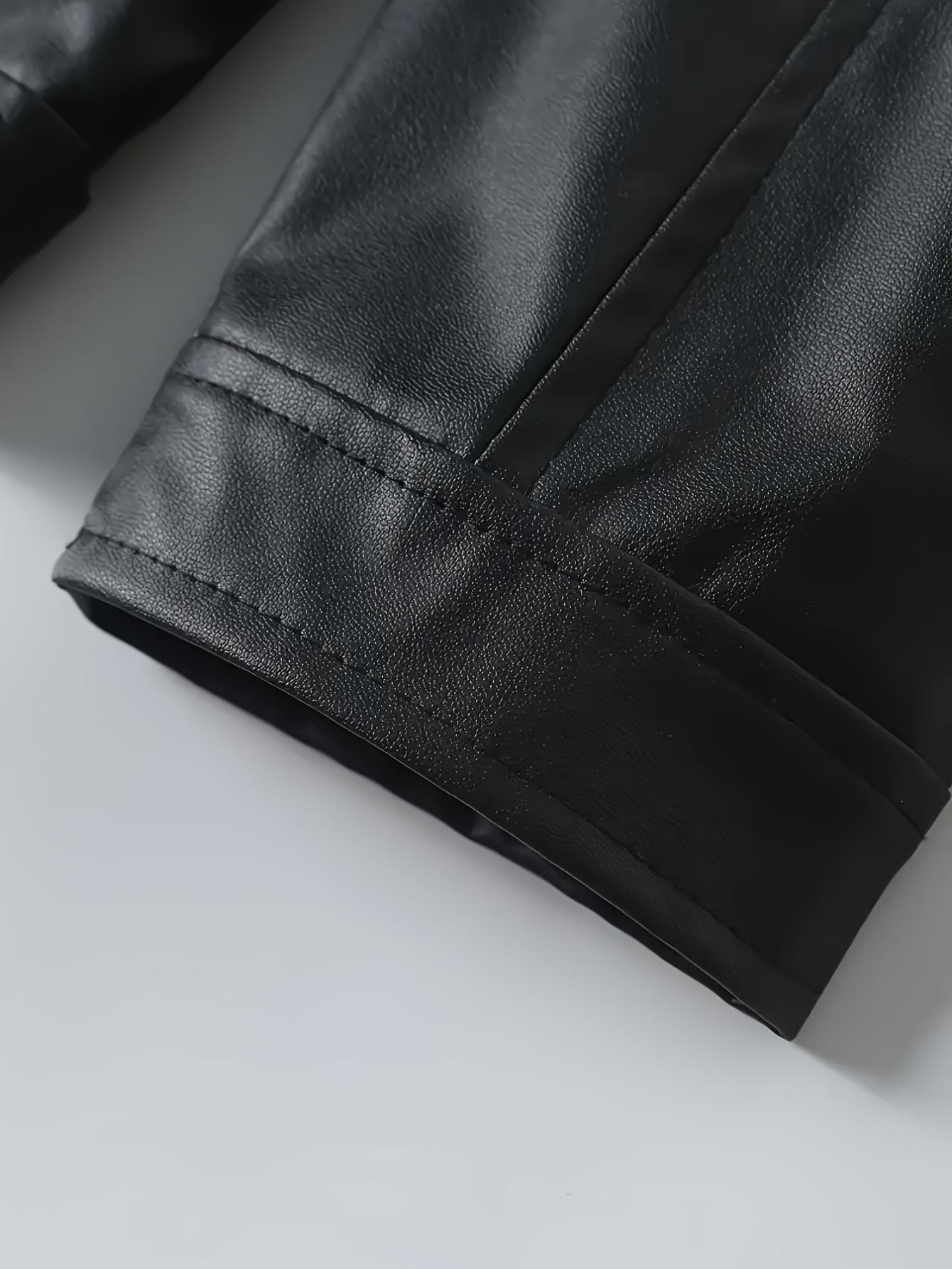 A black leather jacket with a stand collar, featuring a trendy cool style. The stand collar adds a touch of sophistication, while the glossy leather surface exudes confidence. The zipper is smooth and easy to operate, making it perfect for everyday street