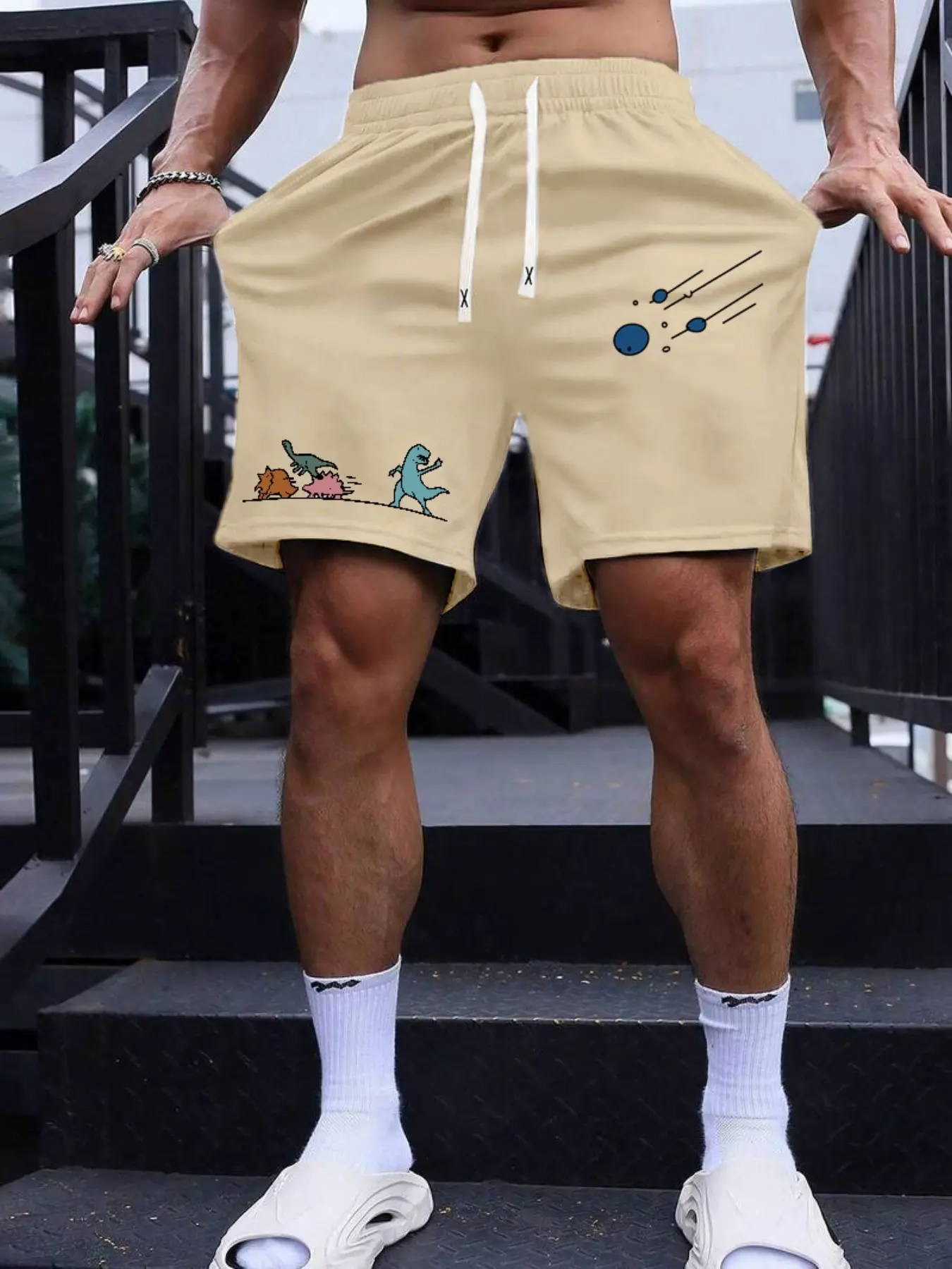 Men Funny Cartoon Casual Shorts, Elastic Waist Drawstring Short Pants With Dinosaur Meteor Creative Graphic Print On Both Sides, Side Pockets Loose Fit Bottoms For Summer Street Daily Holiday Casual Outing Wear