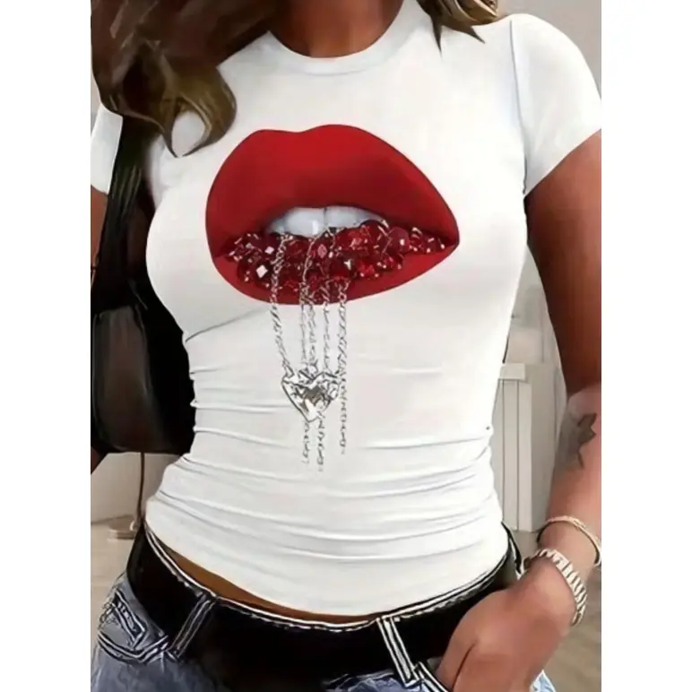 Red Gem Lips with Heart Chain Graphic T-Shirt, Cotton Comfort Tee, Glam Fashion Outfit, Fitted Casual Shirt, Ideal Valentine’s Day & Bold Statement Gift for Her