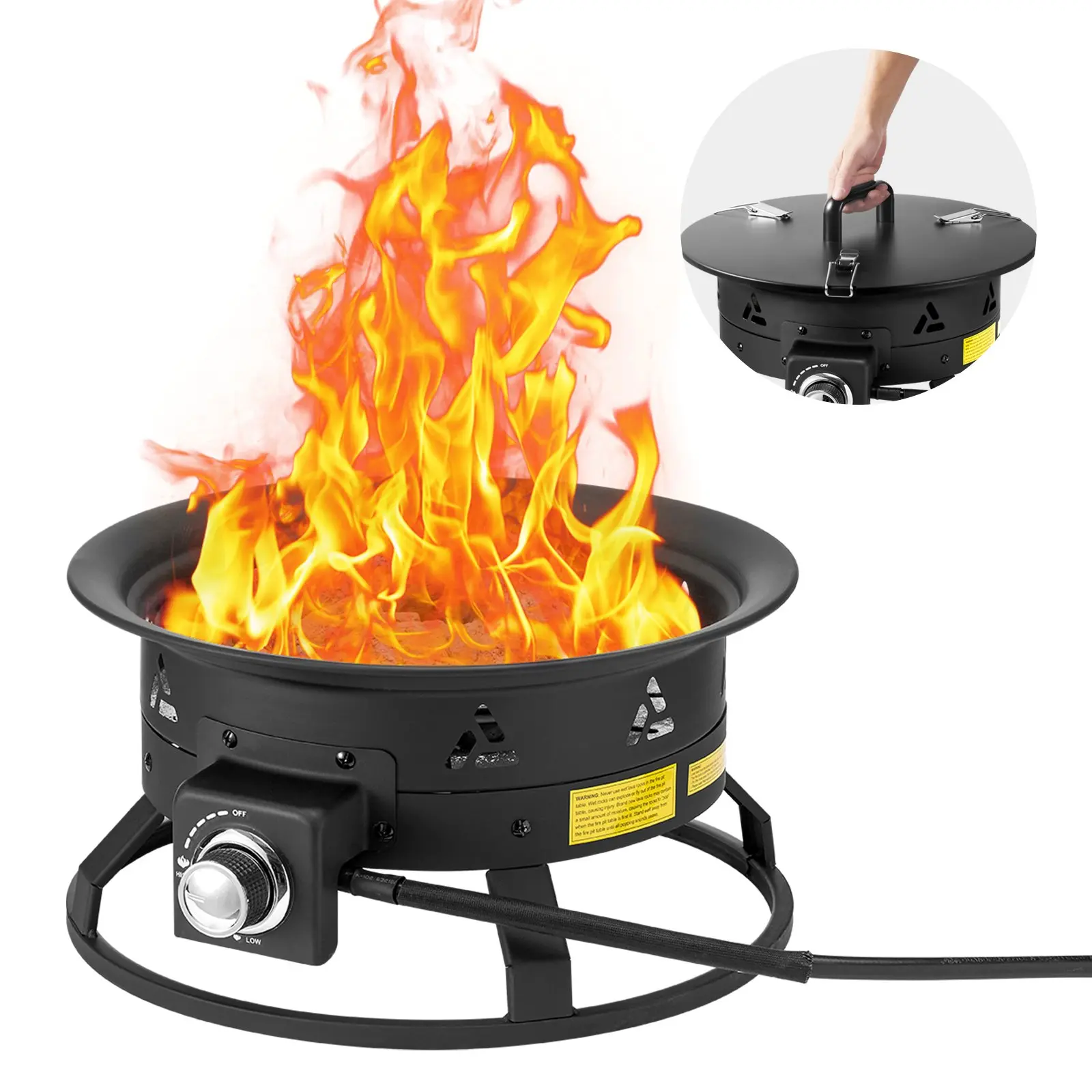 VEVOR 19-in Carbon Steel Propane Fire Pit Complete Tool Kit, 58000 BTU Outdoor Portable Steel Firepit with 0.57-in Gas Line Connector, Cover, Lava Rocks, Integrated Handle, Adjustable Flame, Smoke-Free Burn, YSM19RPP(L), Black (for Beach Parties, Heating)
