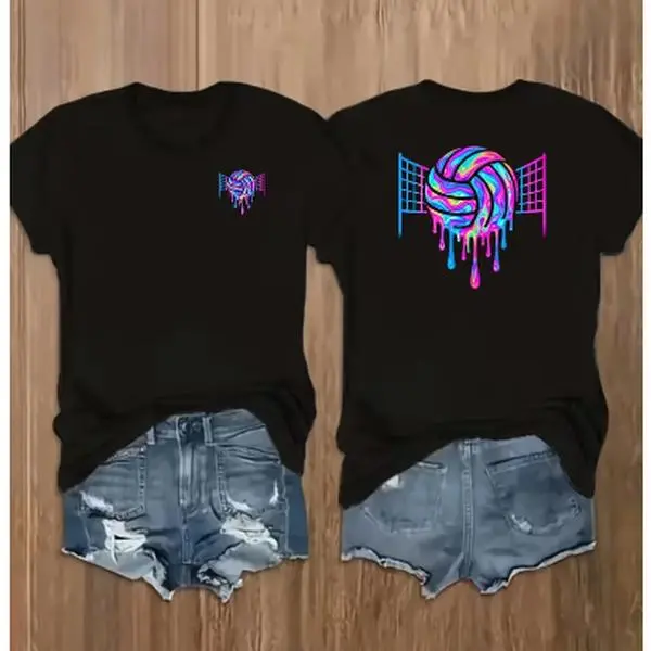 Y2K Style Women's Casual Sport T-Shirt, Round Neck Short Sleeve Creative Volleyball Double-Sided Print Design Top, Summer Fashion   Clothing,