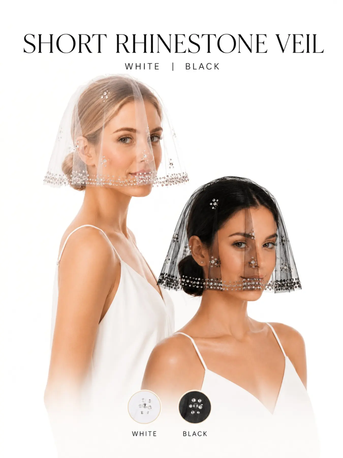 1pc Rhinestone Short Wedding Veil for Women, Sparkling Beaded Tulle Face Veil, Black or White Mini Bridal Headpiece for Bride, Bachelorette Party, Bridal Shower, Wedding Ceremony, Prom, Photoshoot, Gothic Costume & Halloween Accessories