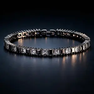 Women’s 4x4mm Platinum-Plated Cubic Zirconia Birthstone Tennis Bracelet, Hypoallergenic Jewelry for Women, 7in Anniversary/Birthday Gift for Mom/Wife