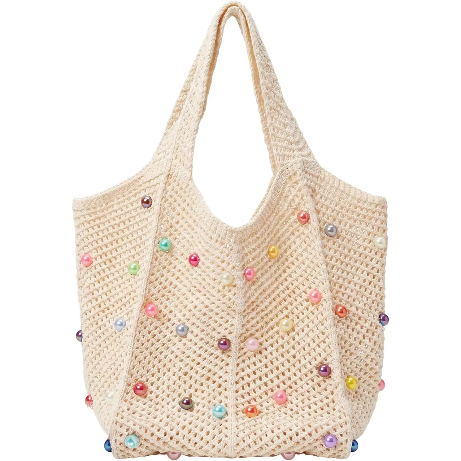Boho Crochet Beach Tote Bag Colorful Beaded Hippie Knit  Bag Aesthetic Handbag for Women