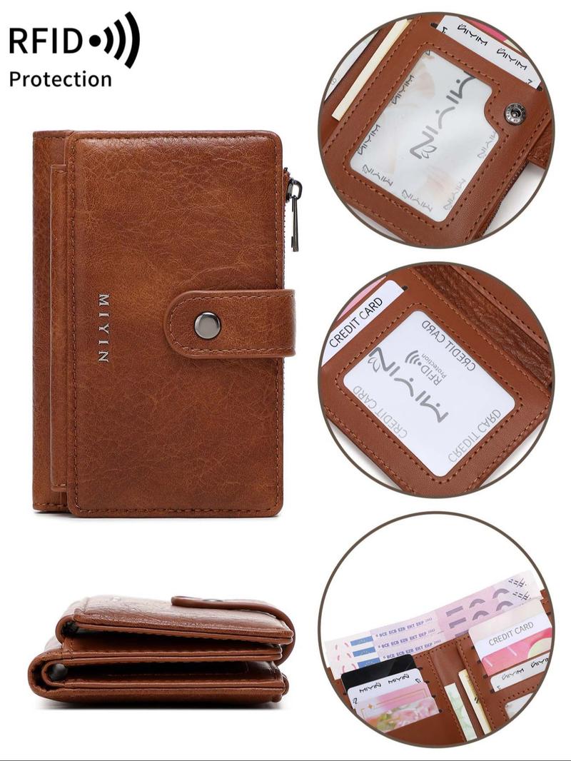 Women's Minimalist Plain Color Letter Decor Short Wallet, Casual Versatile Zipper Wallet with ID Window, RFID Blocking Card Holder for Daily Used