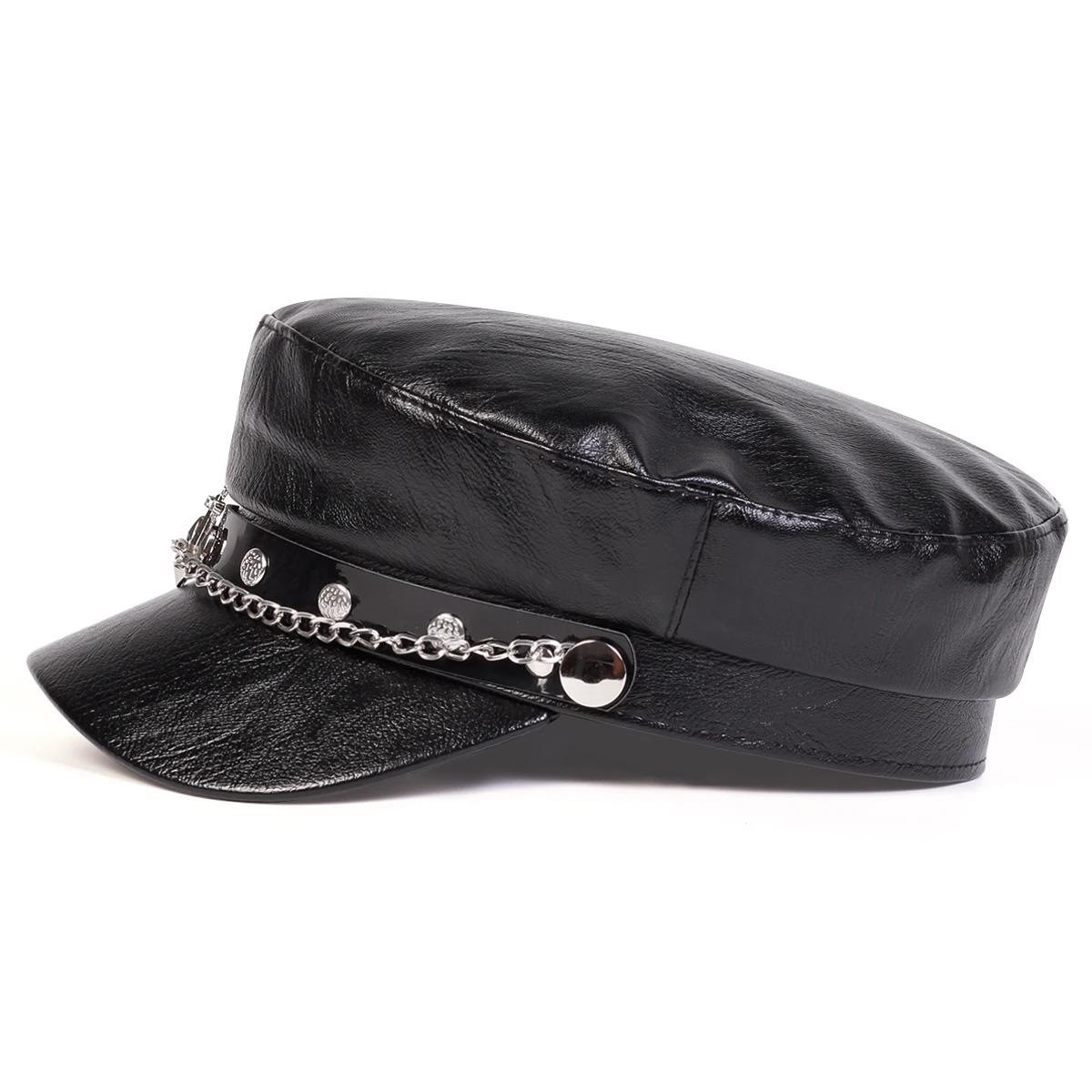Unisex Ship Anchor Chain Buckle Leather Hat Spring Autumn Sailor Hats Black Beret Cap Men Flat Top Captain Military Caps