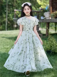Girls Elegant Bamboo Print Chiffon Maxi Dress, 3-13y Kids Ruffle Neck & Smocked Waist Long Gown, For Weddings, Birthdays & Casual Daily Wear，Princess Style Fairy Dress Summer Printed Dress