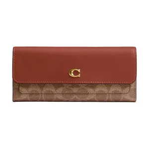 COACH Mila 19 Long Wallet with Flip-Fold Closure – Coated Canvas and Calfskin, Women’s, Brass and Caramel